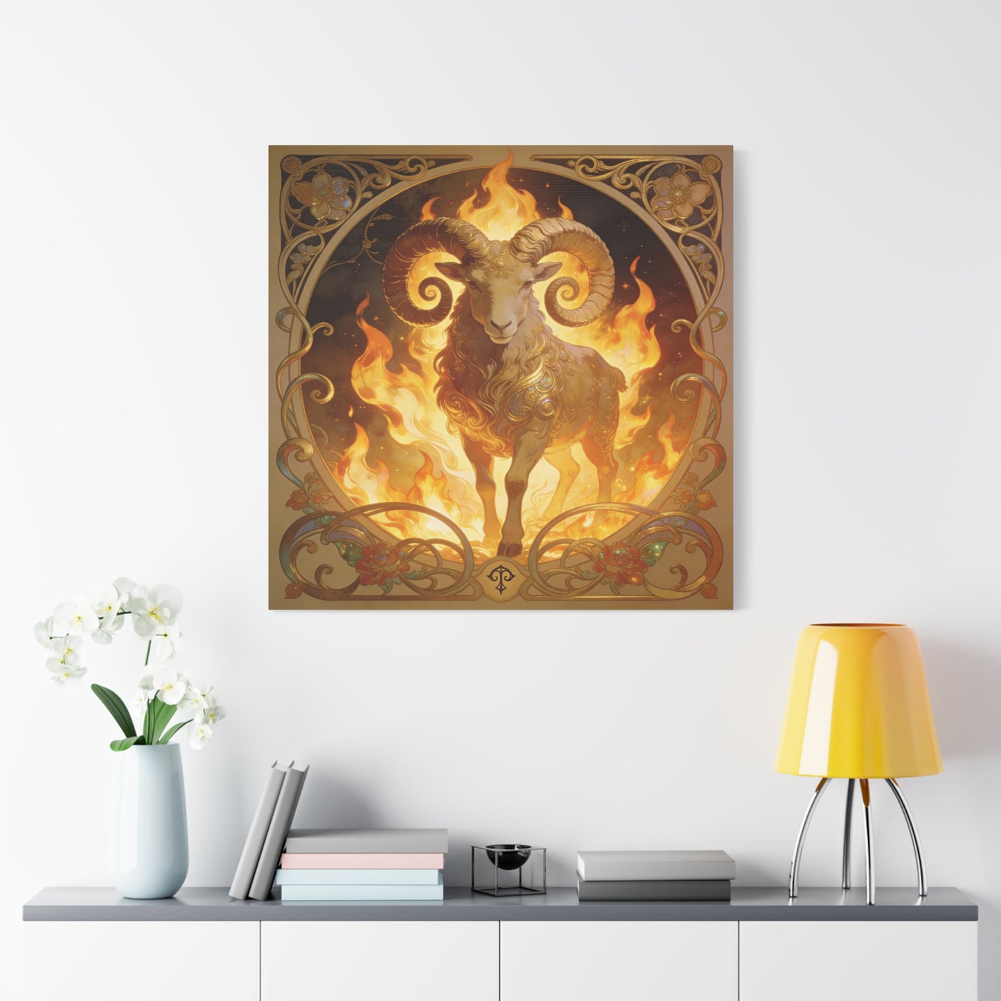 Aries Ram Canvas Wall Art - Fiery Zodiac Illustration, Ornate Gold Nouveau Design - Matte Cotton Art Print - Bohemian Astrology Decor, Bedroom Home Decoration, Office Wall Art - Modern Farmhouse Style