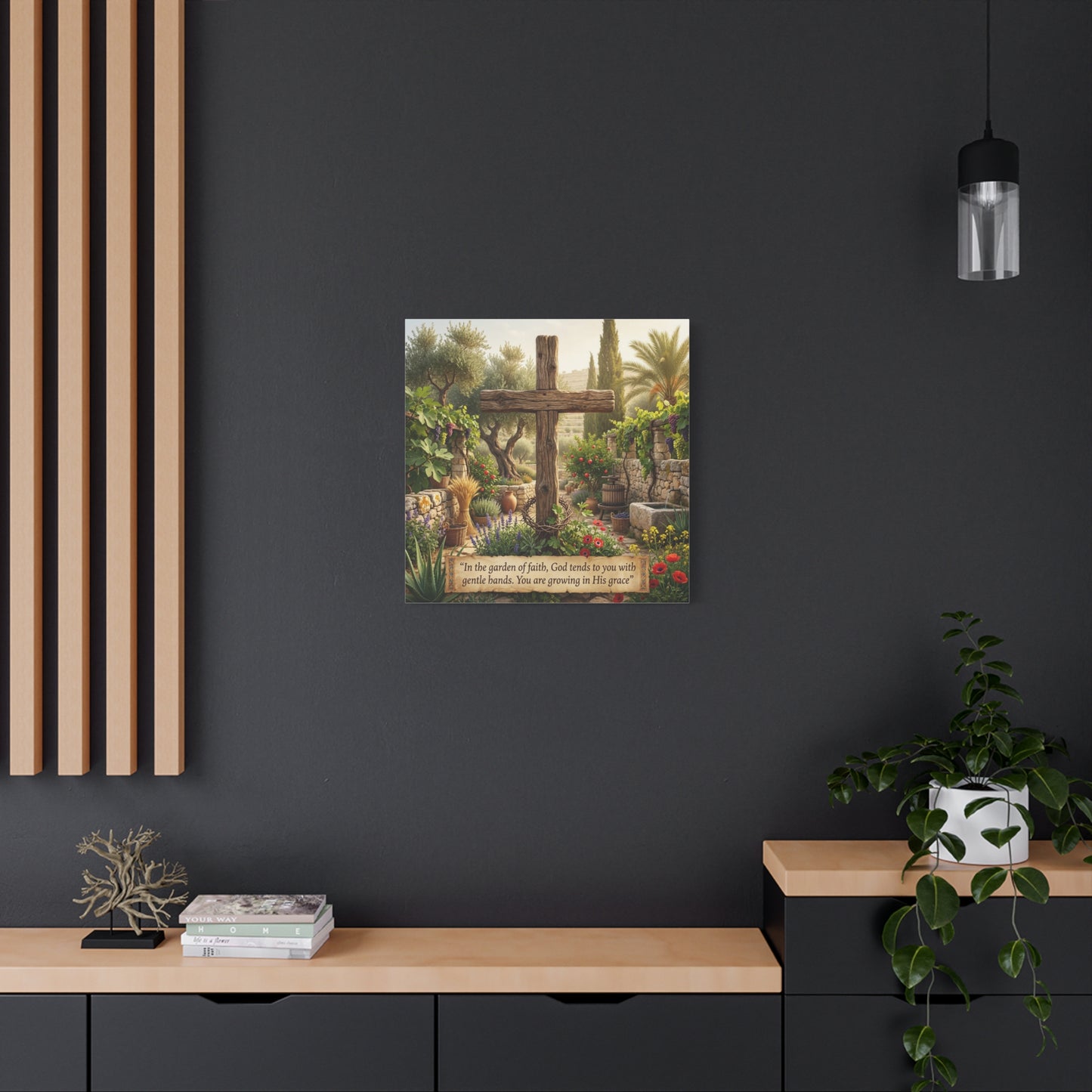 "In The Garden Of Faith, God Tends To You With Gentle Hands. You Are Growing In His Grace" Canvas Wall Art - Rustic Wooden Cross, Christian Garden Scene - Living Room Wall Decor - Ready to Hang
