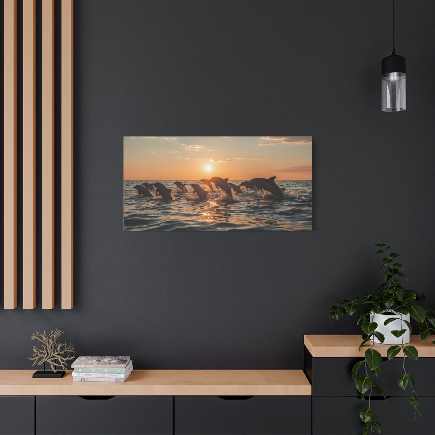 Dolphin Sunset Canvas Wall Art - Ocean Wildlife Art Print, Golden Seascape, Coastal Living Room Wall Decor, Bedroom Home Decoration, Ready to Hang Matte Canvas - Bedroom Home Decoration