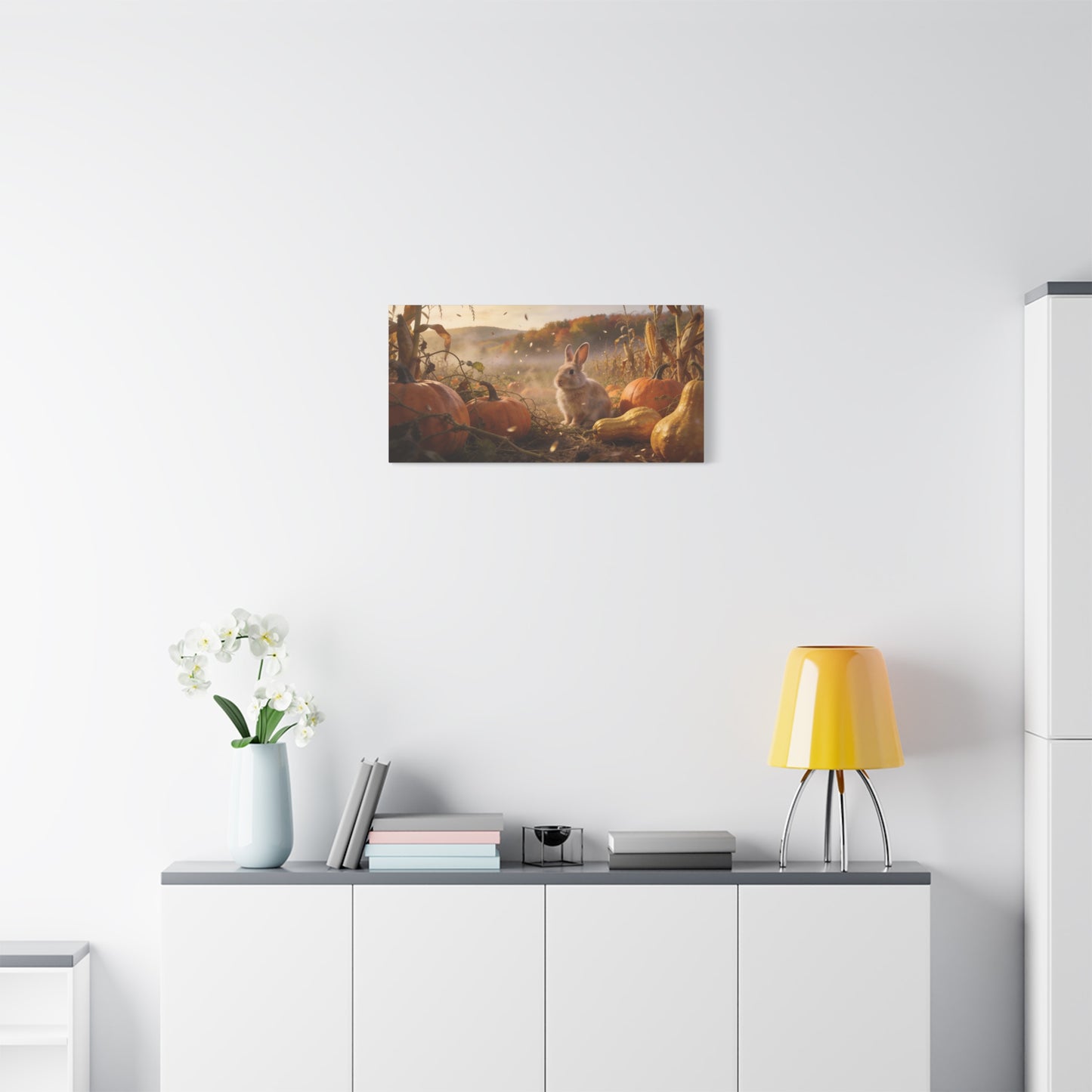 Autumn Bunny Canvas Wall Art - Rabbit In Pumpkin Patch, Golden Harvest Farm Scene - Rustic Matte Canvas Print - Bedroom Wall Decor, Living Room Home Decoration, Nursery Accent - Modern Farmhouse Style