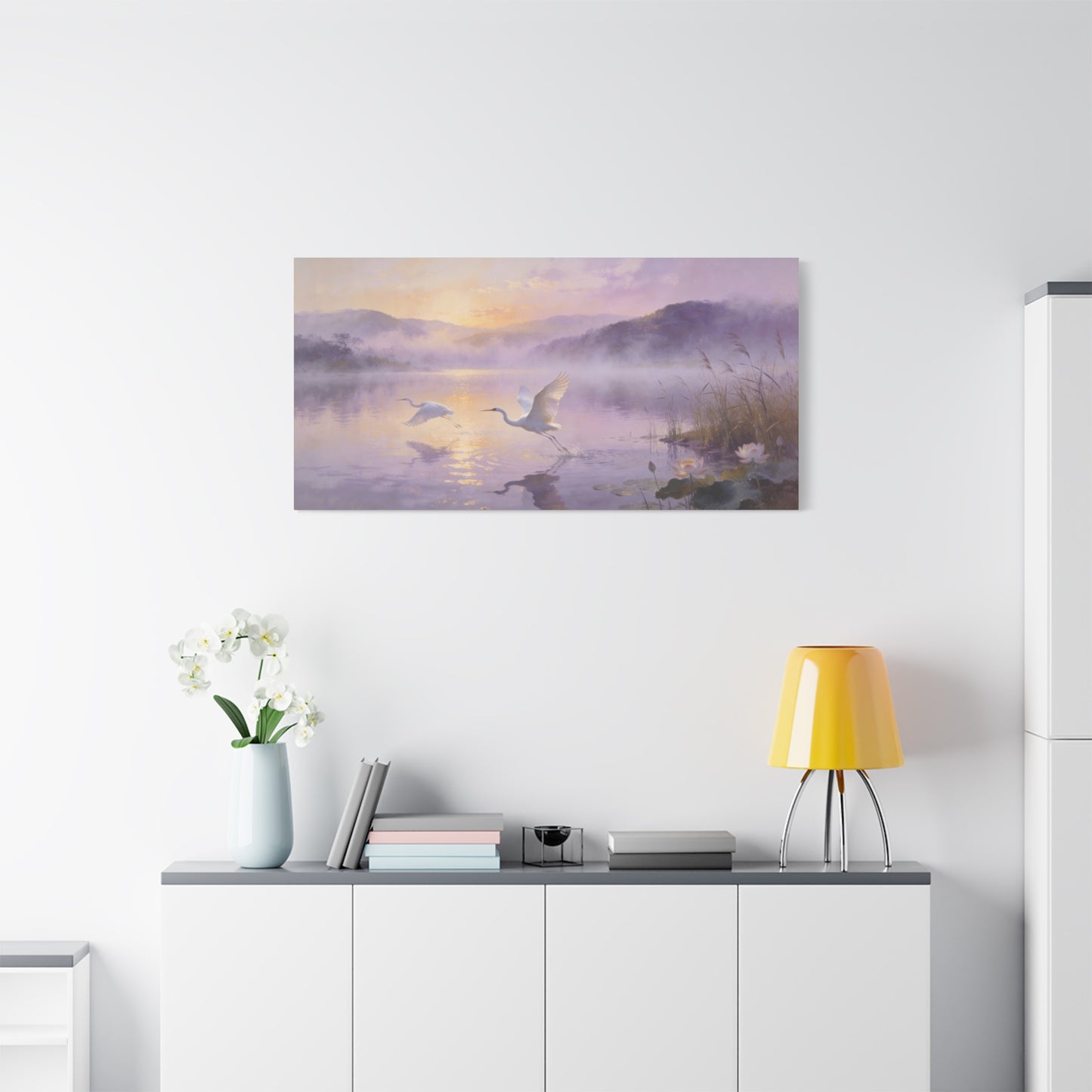 White Egret Canvas Wall Art - Misty Lake Sunrise Birds, Lotus Water Scene - Serene Impressionist Canvas Print - Bedroom Wall Decor, Living Room Home Decoration - Bedroom Home Decoration