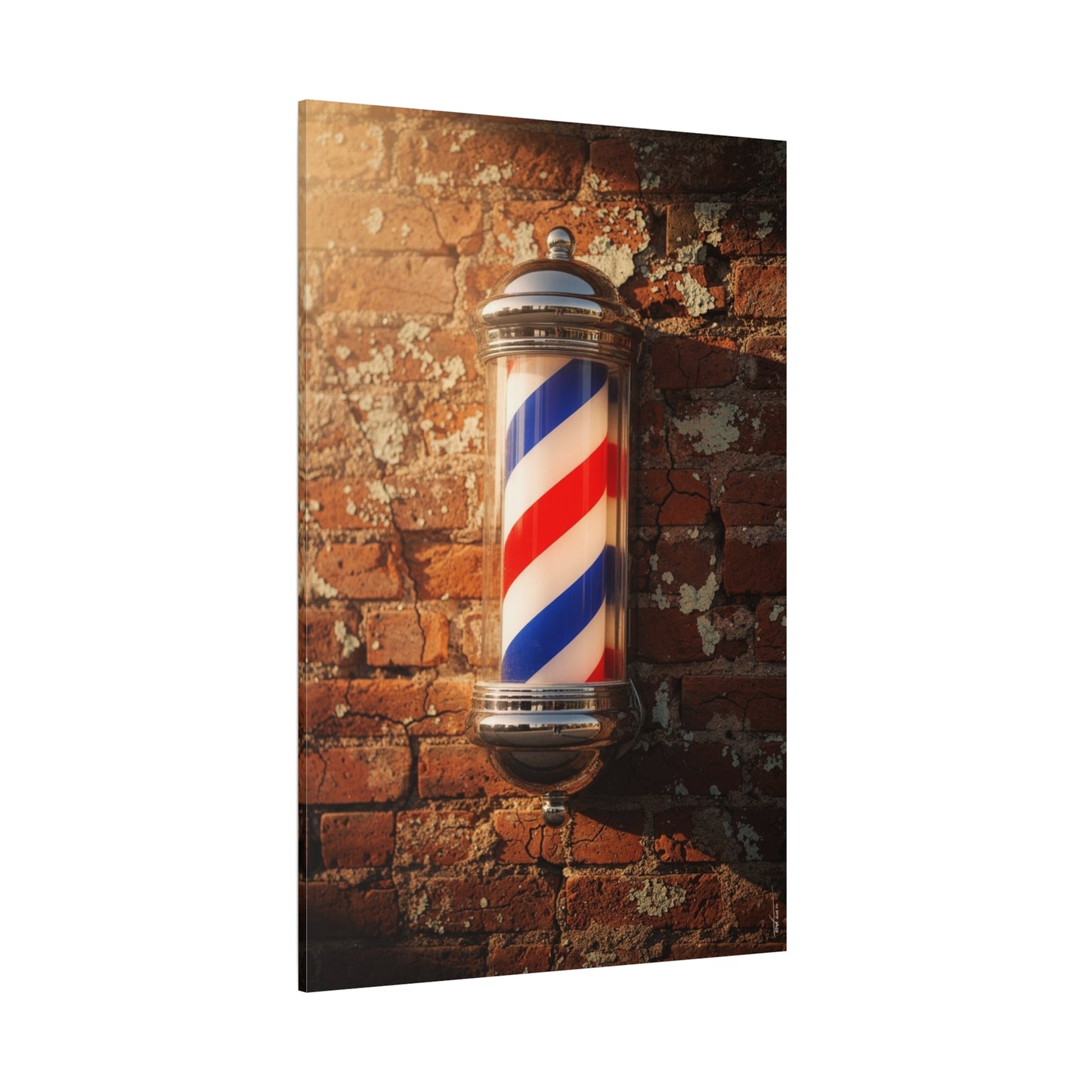 Vintage Barber Pole Canvas Wall Art - Rustic Brick Wall Art Print, Red Blue White Stripe Shop Decor - Matte Cotton Art Print - Barbershop Interior Accent, Lobby Workspace Styling - Ready to Hang