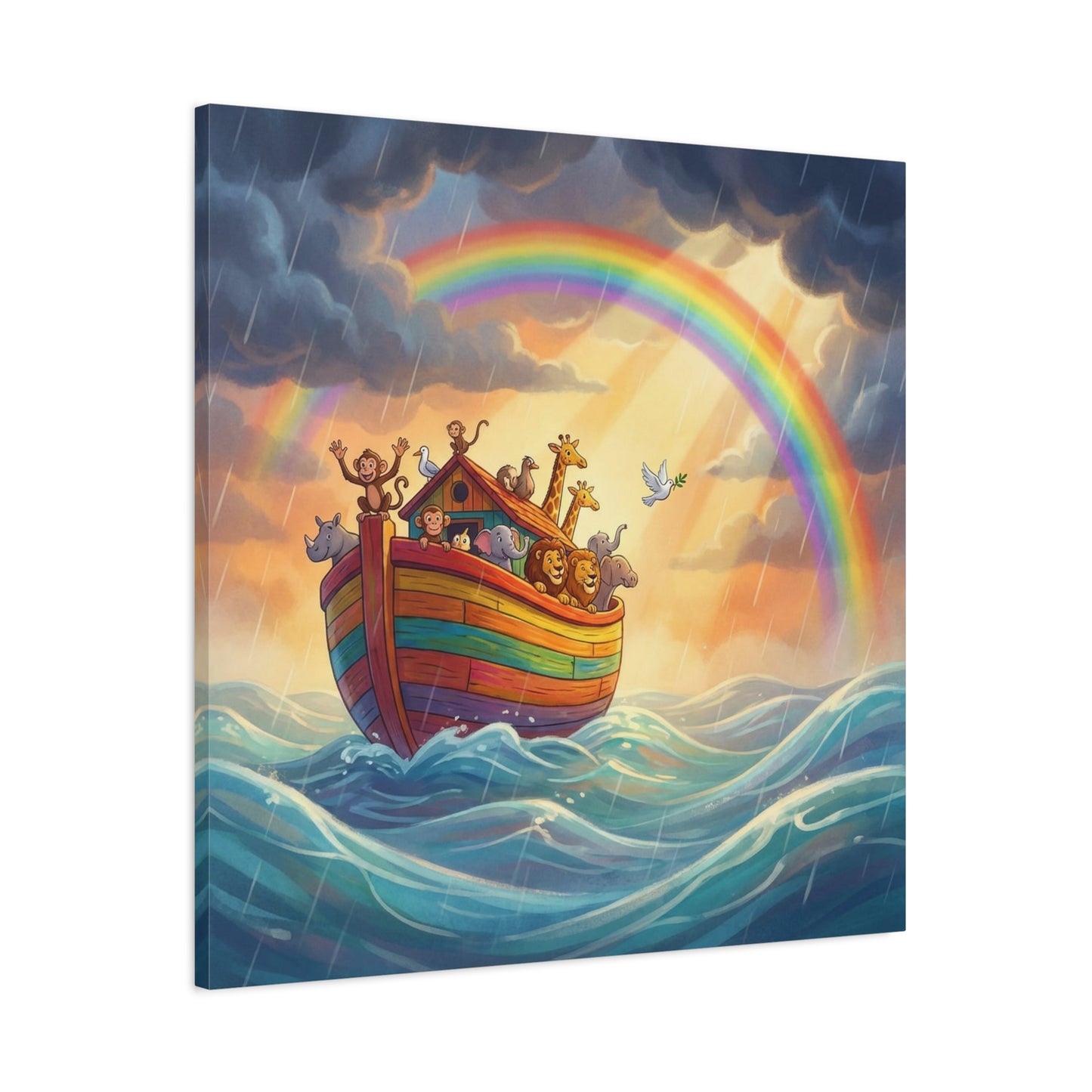 Noahs Ark Canvas Wall Art - Rainbow Animal Boat Nursery Decor - Cotton Canvas Print, Kids Bedroom Home Decoration, Playroom Wall Hanging, Biblical Story Illustration, Classroom Accent - Ready to Hang