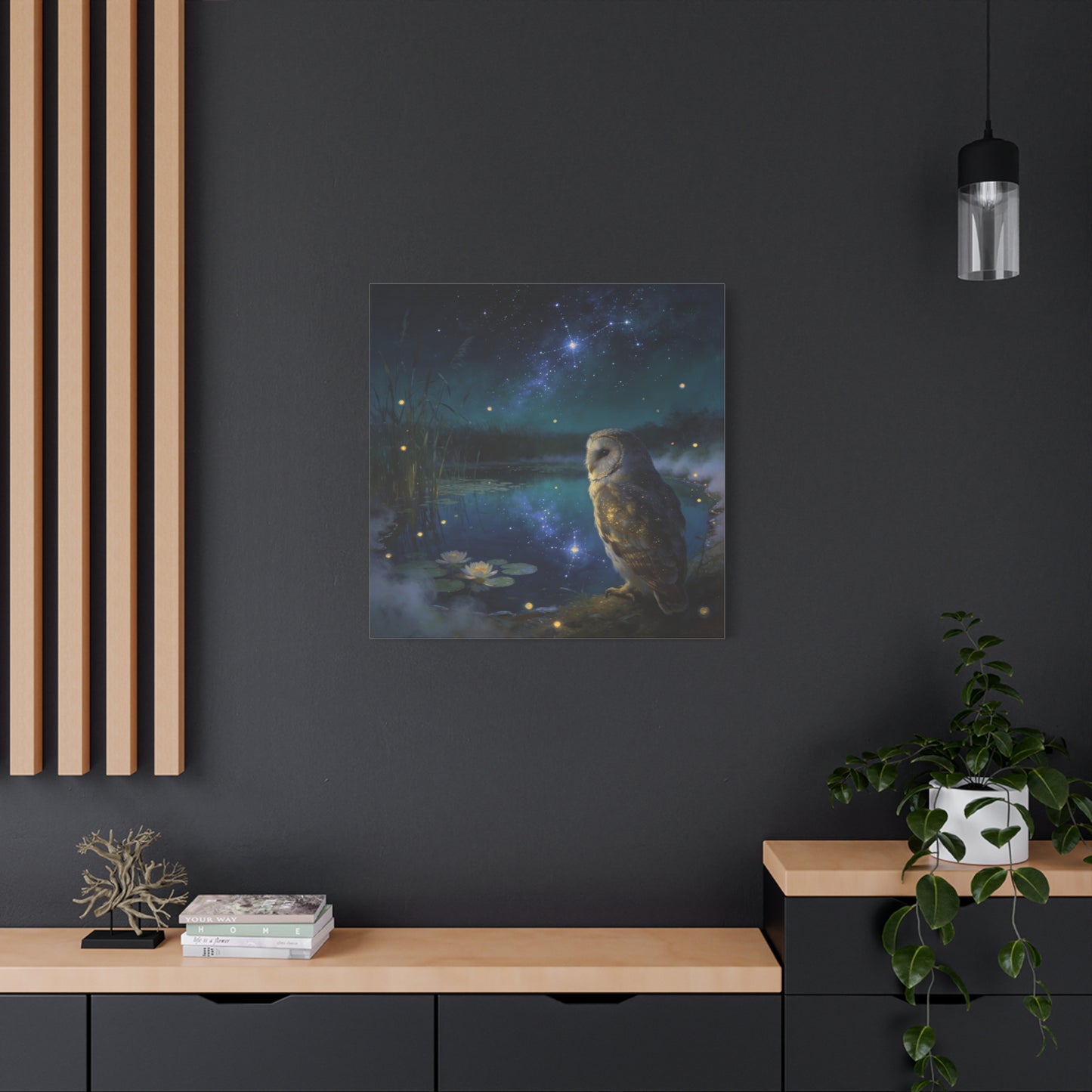 Barn Owl Canvas Wall Art - Moonlit Pond, Fireflies, Water Lilies, Starry Night Sky - Dreamy Wildlife Painting - Matte Finish Canvas Print - Bedroom Wall Decor, Nursery Accent - Bedroom Home Decoration