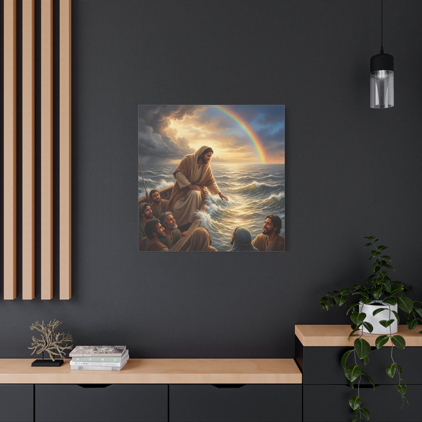 Jesus Christ Walking On Water Canvas Wall Art - Rainbow Over Stormy Sea, Disciples In Boat - Matte Cotton Print - Traditional Religious Style - Living Room Wall Decor - Bedroom Home Decoration