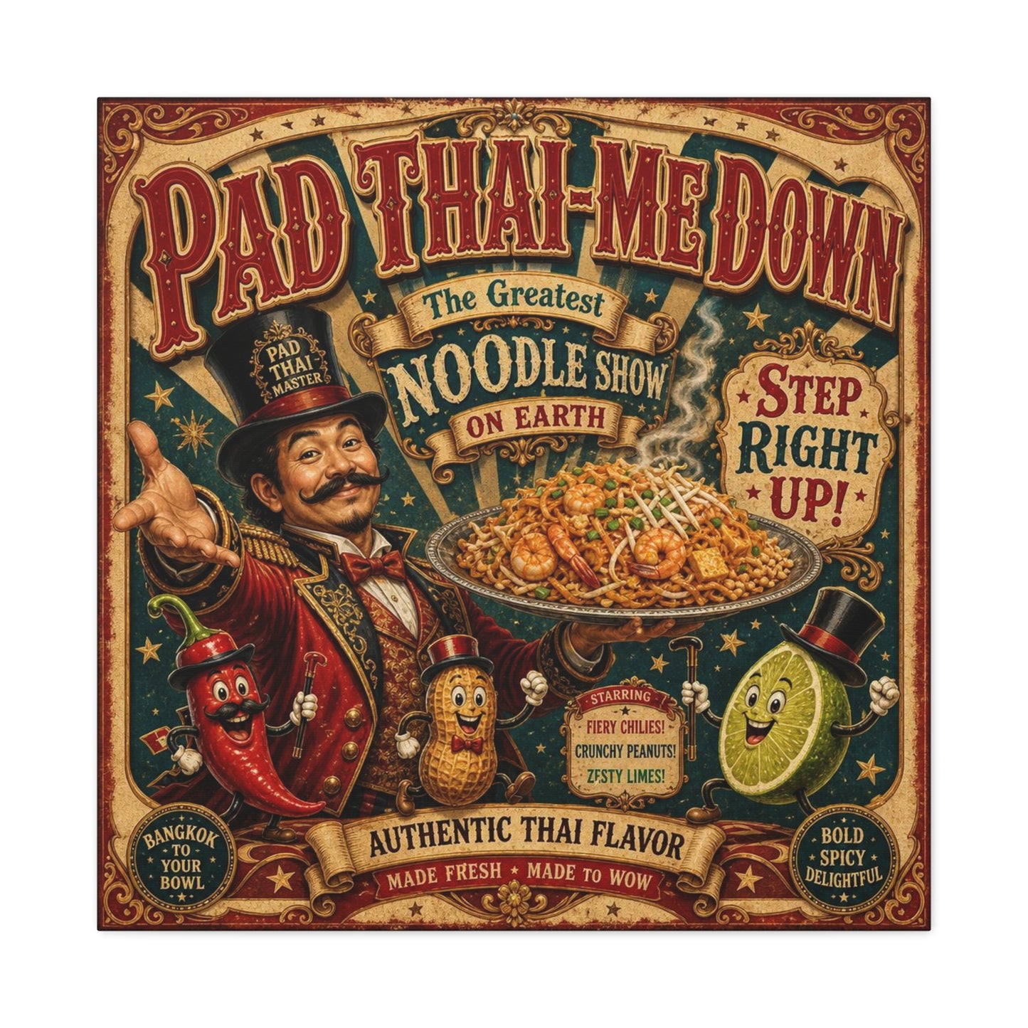 "Pad Thai-Me Down" Canvas Wall Art - Vintage Circus Noodle Poster, Typography Illustration, Whimsical Restaurant Decor, Cafe Wall Decor, Retro Kitchen Accent, Matte Canvas Print - Ready to Hang
