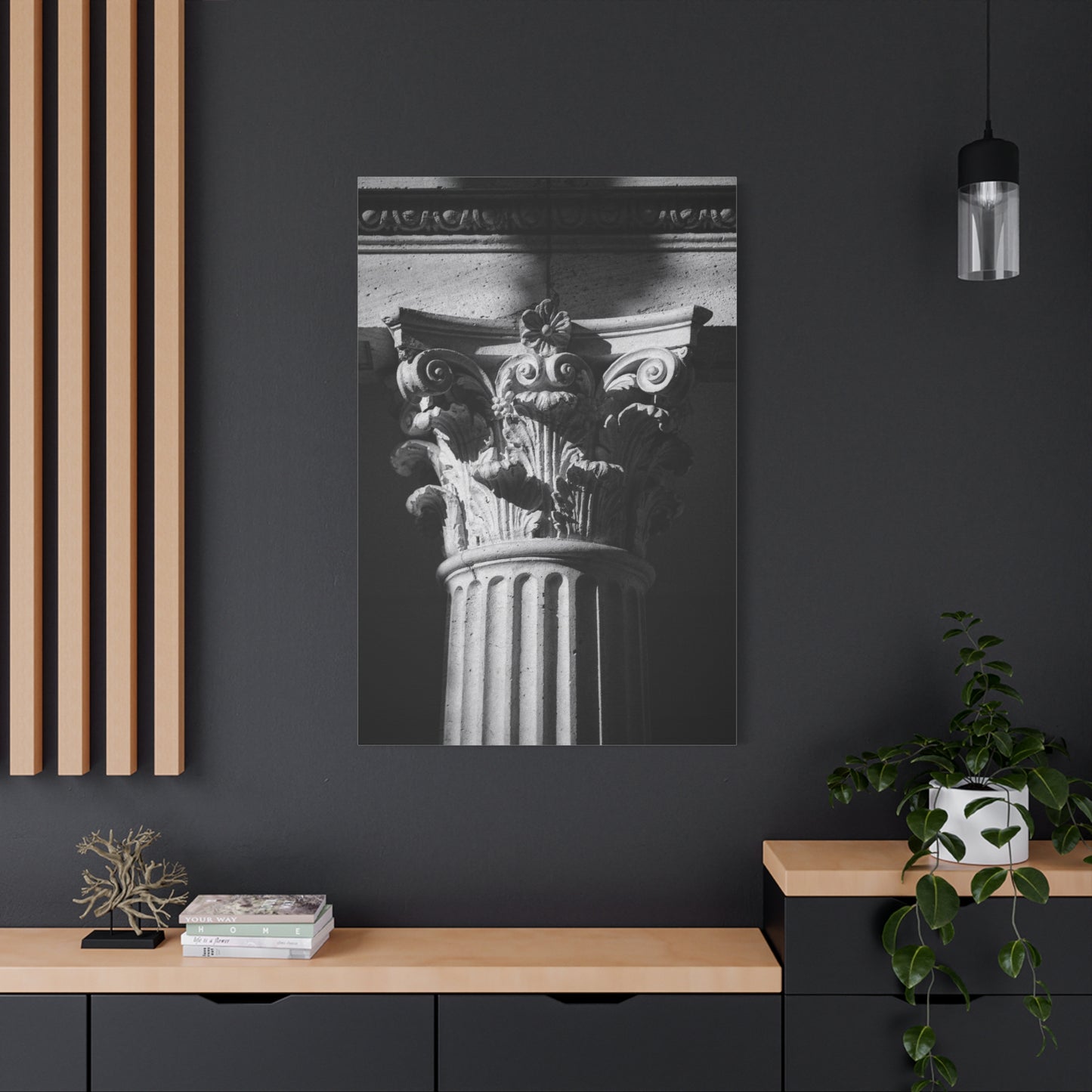 Black And White Corinthian Column Canvas Wall Art - Architectural Art Print, Dramatic Light, Matte Cotton Decor - Modern Minimalist Living Room Wall Decor, Office Art - Bedroom Home Decoration