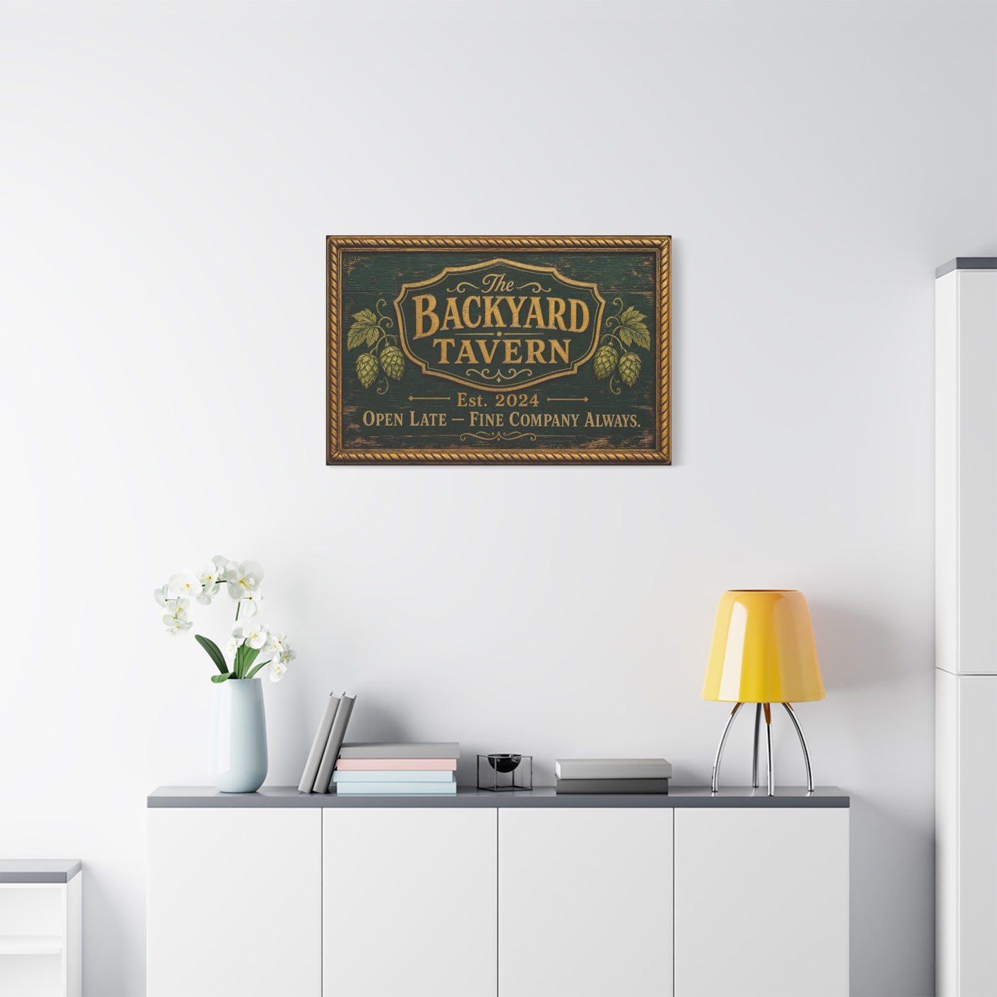 "The Backyard Tavern" Canvas Wall Art - Vintage Pub Sign, Rustic Typography Decor - Green And Gold Tavern Style Print, Bar Room Wall Decor - Ready to Hang - Ready to Hang - Speakeasy Style Sign
