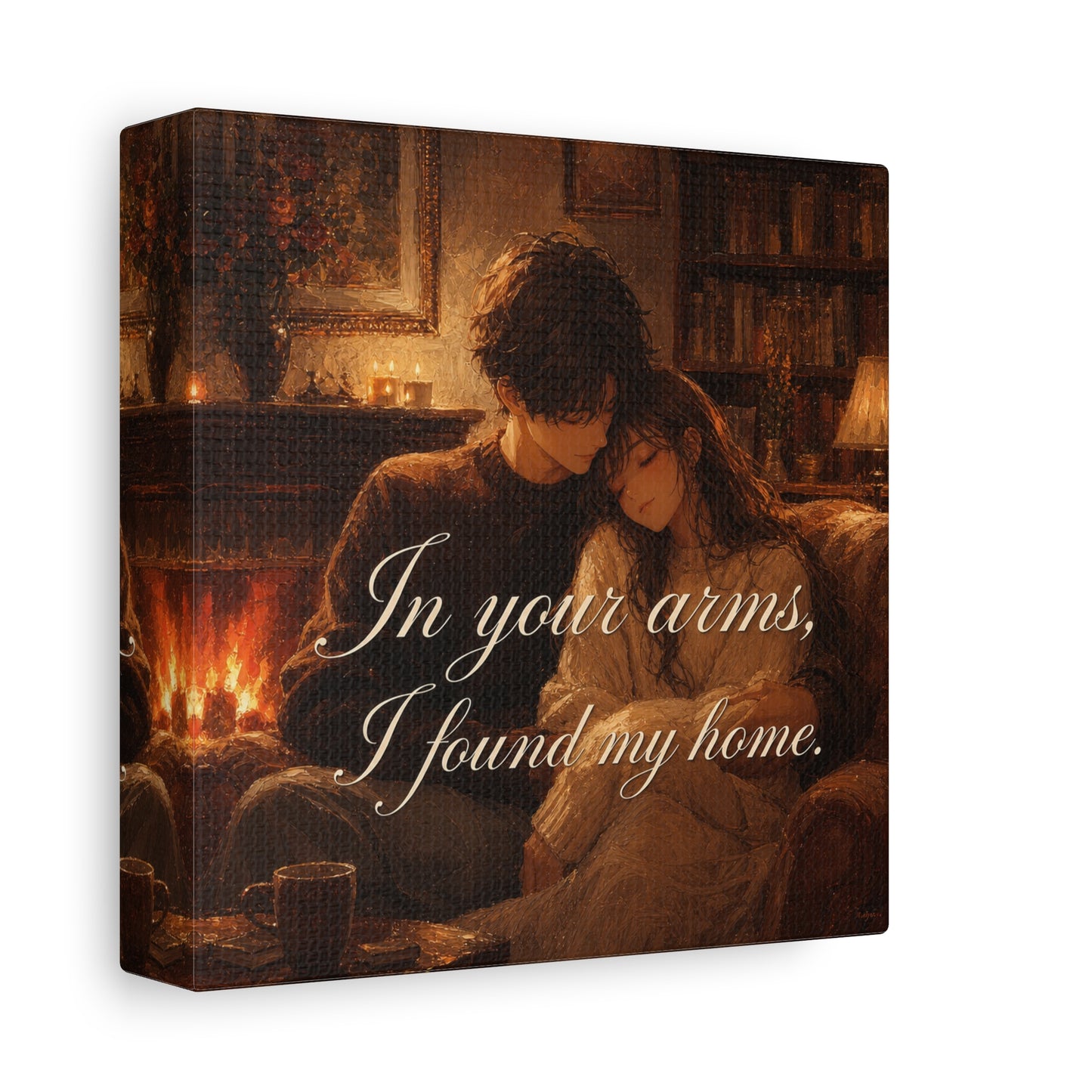 "In Your Arms, I Found My Home" Romantic Couple Canvas Wall Art - Cozy Fireplace Library Scene, Warm Vintage Style - Bedroom Home Decoration, Living Room Accent - Ready to Hang - Office Wall Art