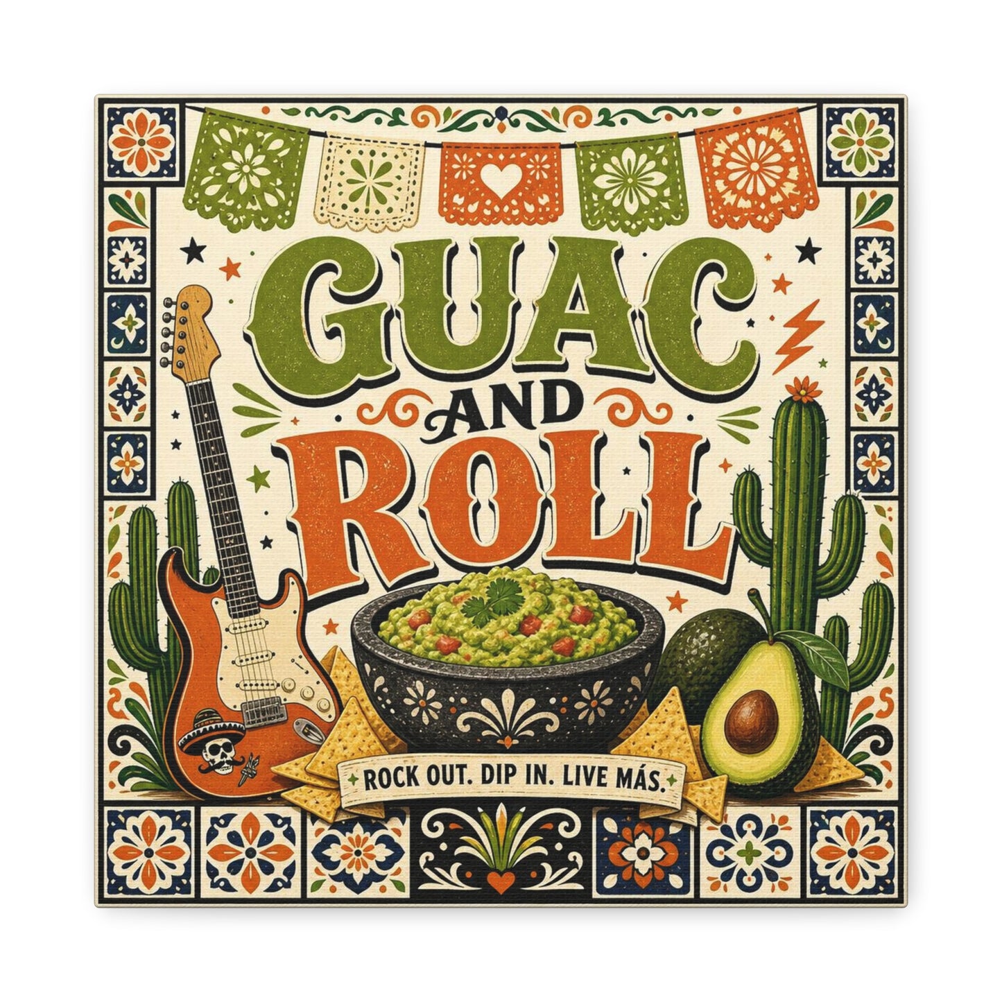 "Guac And Roll" Typography Canvas Wall Art - Fiesta Guitar, Cactus, Avocado Folk Illustration - Bohemian Rustic Style - Kitchen Wall Decor, Dining Room Accent, Cafe Wall Decor - Modern Farmhouse Style
