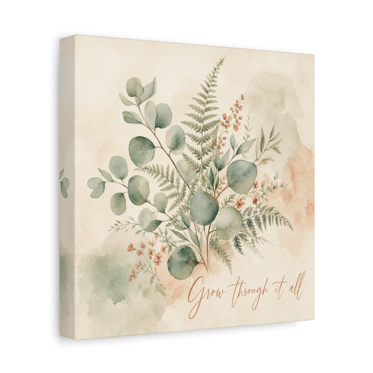 "Grow Through It All" Botanical Canvas Wall Art - Eucalyptus Fern Watercolor Quote Print, Sage Green Floral Home Decor - Modern Farmhouse Style, Bedroom Wall Hanging - Ready to Hang - Ready to Hang