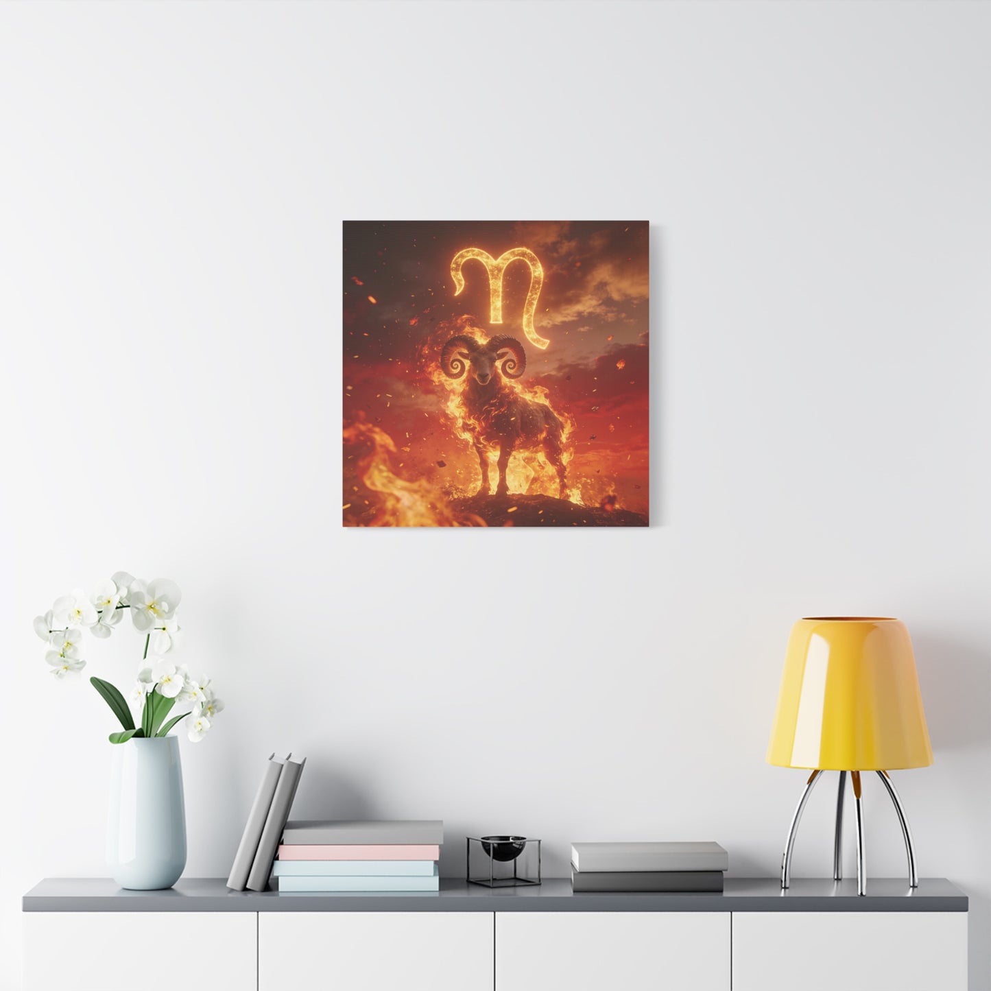 Aries Ram Canvas Wall Art - Fiery Zodiac Symbol Astrology Print, Glowing Horned Sheep Illustration - Matte Canvas Decor - Bedroom Home Decoration, Office Wall Art - Bedroom Home Decoration