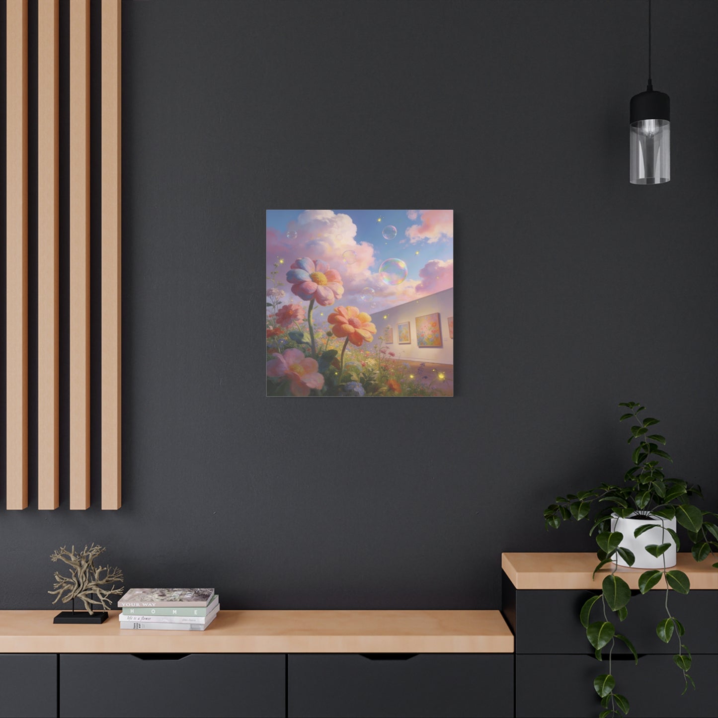 Dreamy Floral Canvas Wall Art - Pastel Wildflower Sky With Iridescent Bubbles, Firefly Glow - Whimsical Matte Canvas Print - Contemporary Bedroom Wall Decor, Living Room Accent - Cozy Reading Nook Art