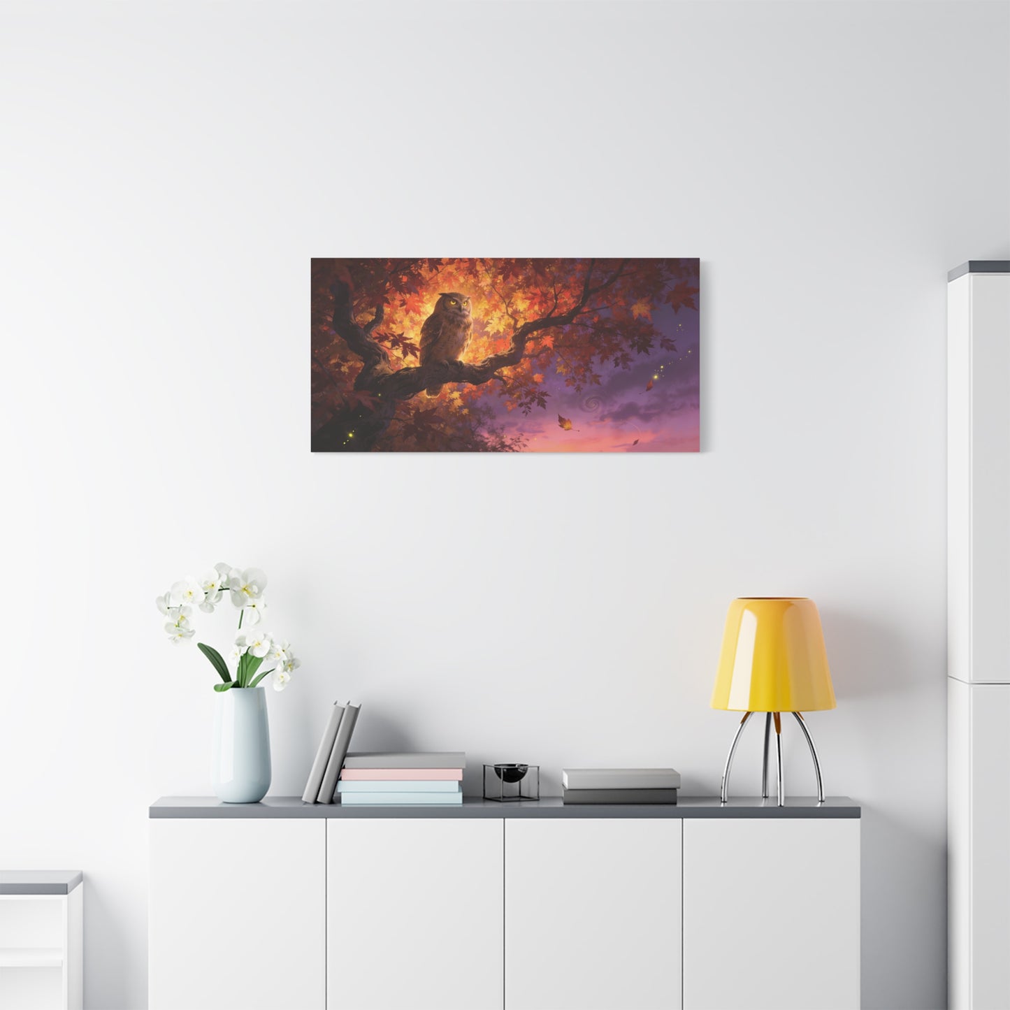 Owl Canvas Wall Art - Autumn Tree Branch Wildlife Illustration, Glowing Twilight Sky - Matte Canvas Print, Rustic Nature Style - Living Room Wall Decor, Bedroom Home Decoration - Cozy Reading Nook Art