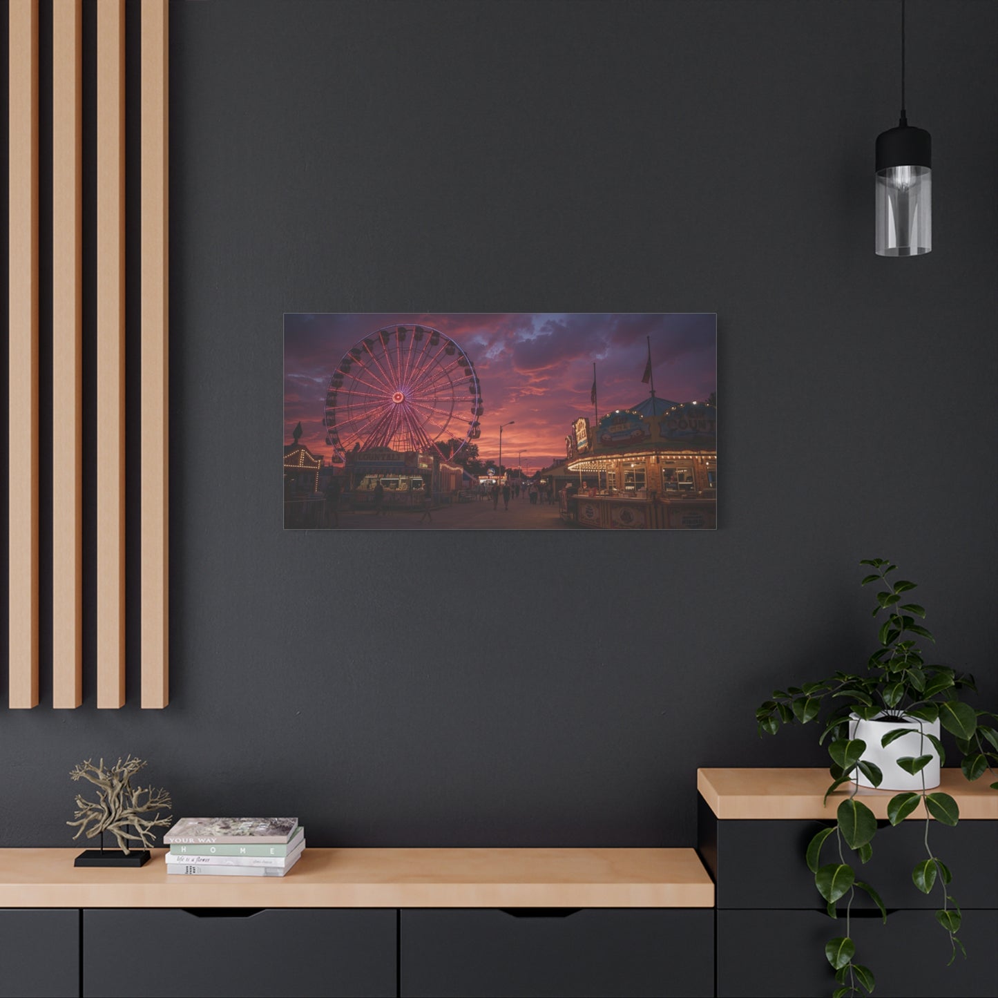 Ferris Wheel Sunset Canvas Wall Art - Carnival Boardwalk Art Print, Purple Pink Sky, Contemporary Nightscape - Living Room Wall Decor, Bedroom Home Decoration, Office Art - Ready to Hang