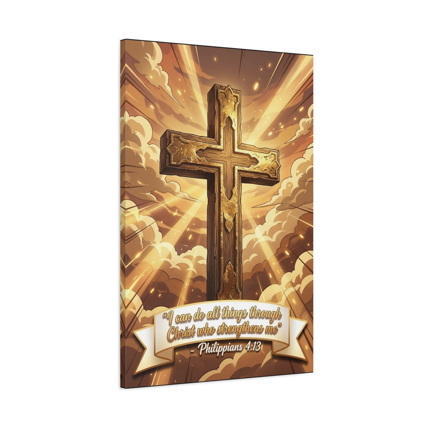 "I Can Do All Things Through Christ Who Strengthens Me" Cross Canvas Wall Art - Philippians 4:13 Scripture Decor, Golden Sky Christian Home Accent, Traditional Bedroom Living Room Decoration