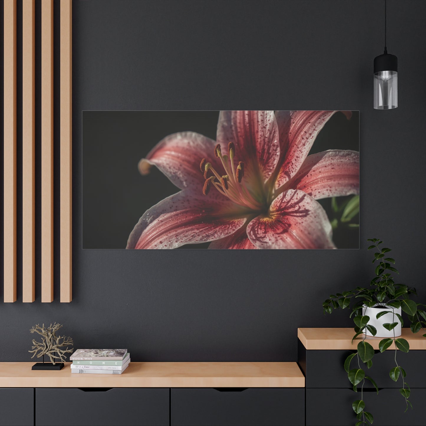 Pink Stargazer Lily Canvas Wall Art - Floral Macro Art Print, Dark Botanical Canvas Print - Matte Cotton Decor, Contemporary Style - Bedroom Wall Accent, Living Room Decoration - Ready to Hang