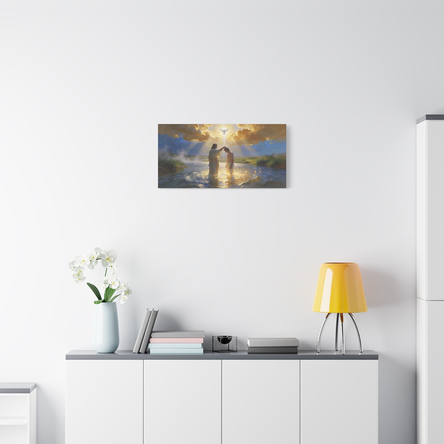 Baptism Of Jesus Christ Canvas Wall Art - Dove, Golden Light, River Scene - Religious Christian Wall Decor, Traditional Matte Canvas Print, Living Room Bedroom Home Decoration - Modern Farmhouse Style