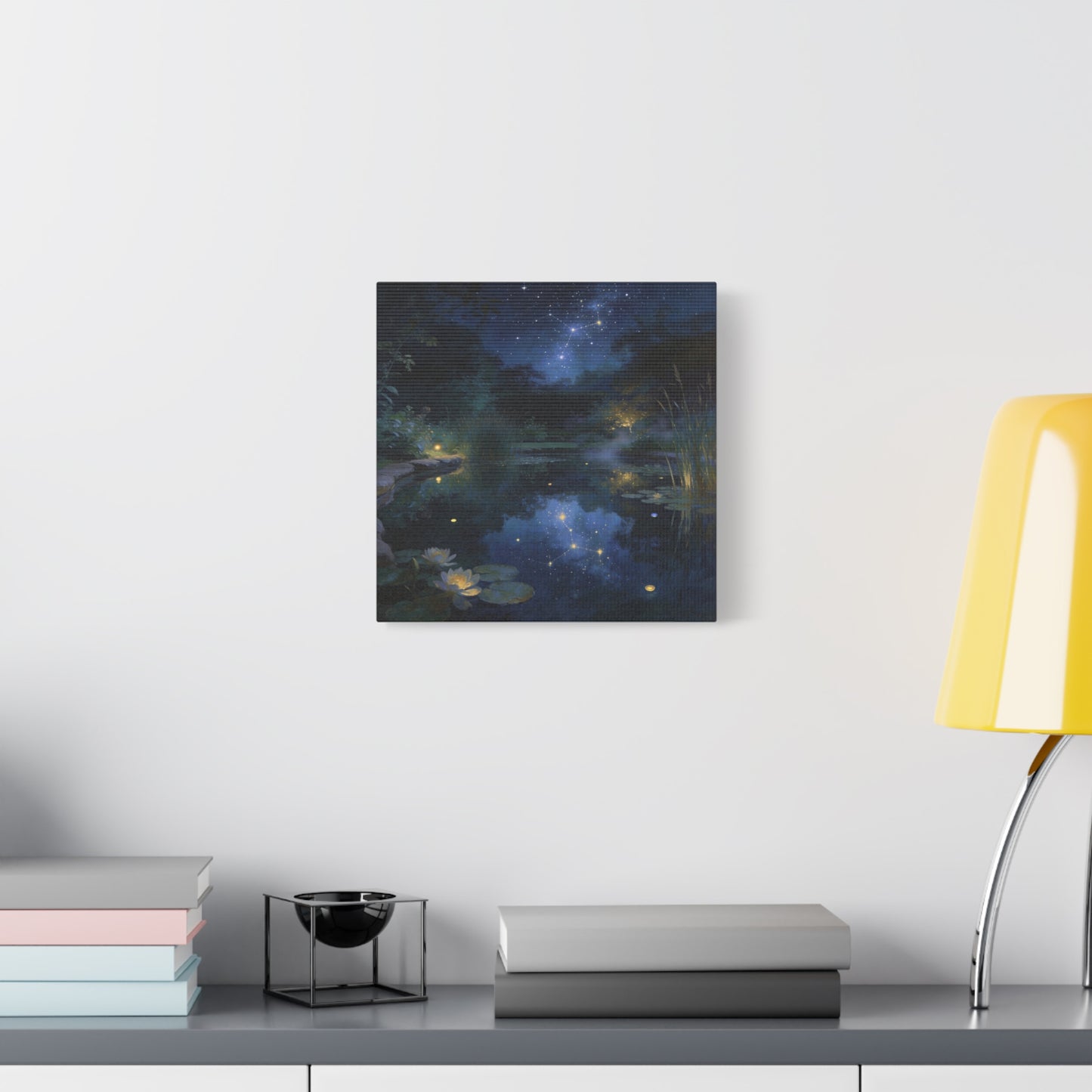 Starry Night Pond Canvas Wall Art - Moonlit Water Lilies, Celestial Reflection Landscape - Dreamy Matte Canvas Print - Traditional Nightscape Style - Living Room Wall Decor Bedroom Home Accent