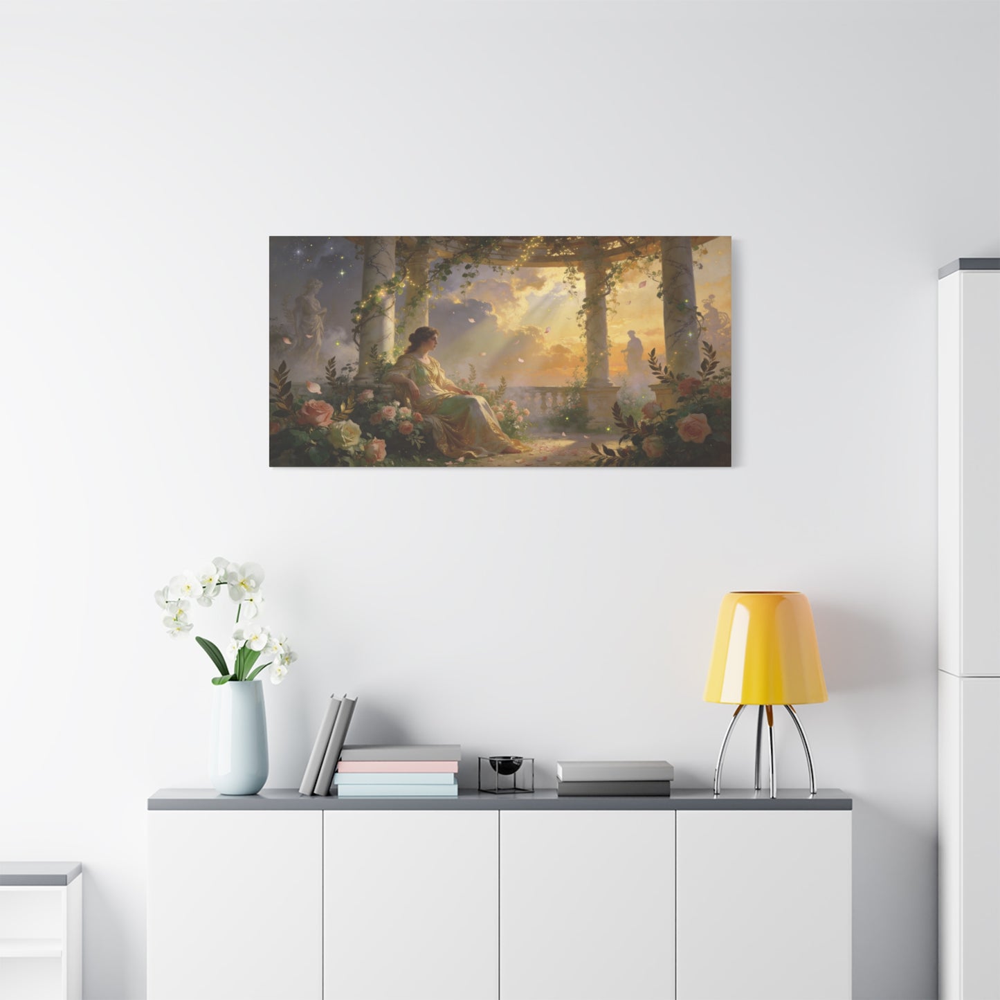 Classical Garden Woman Canvas Wall Art - Rose Pergola Sunset Scene, Romantic Fantasy Painting - Matte Cotton Art Print - Bedroom Wall Decor, Living Room Home Decoration - Bedroom Home Decoration