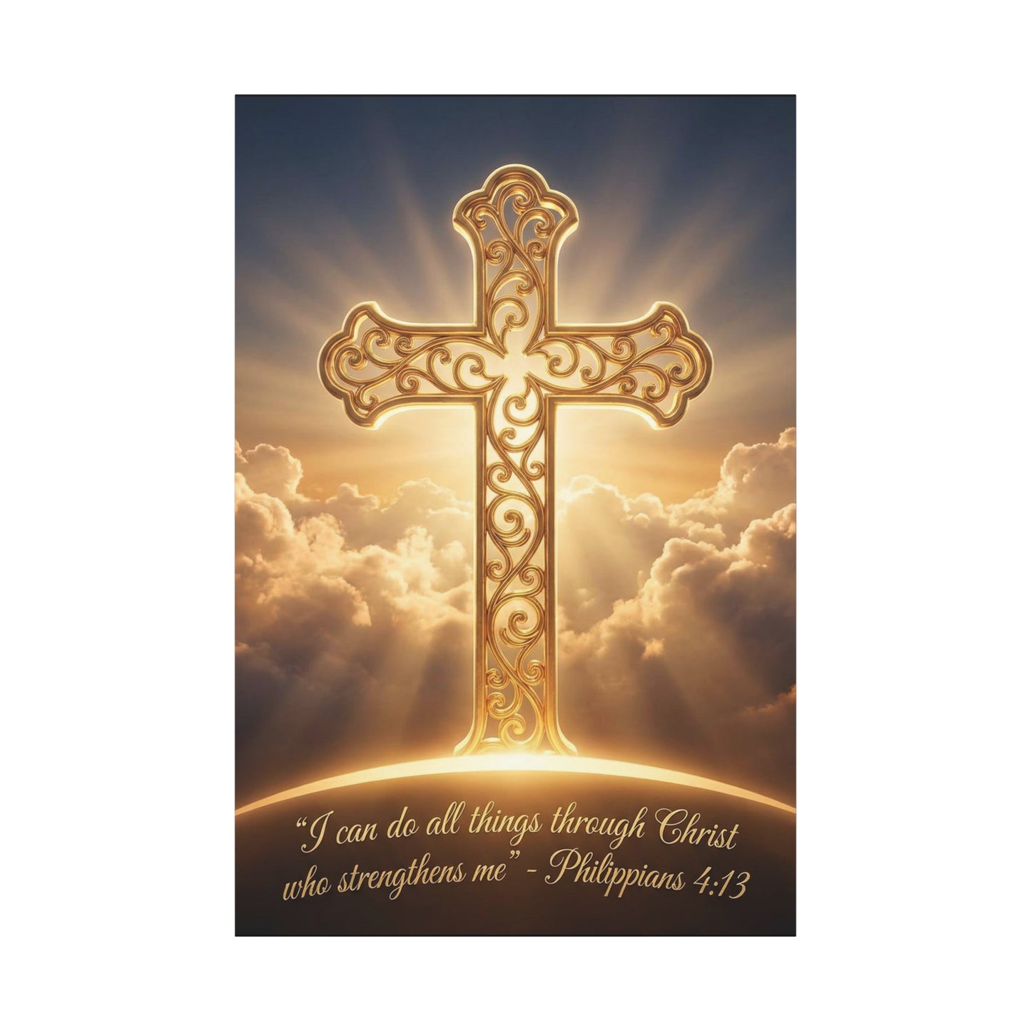 "I Can Do All Things Through Christ Who Strengthens Me" Cross Canvas Wall Art - Philippians 4:13 Scripture Decor, Golden Clouds Christian Wall Hanging, Bedroom Living Room - Bedroom Home Decoration