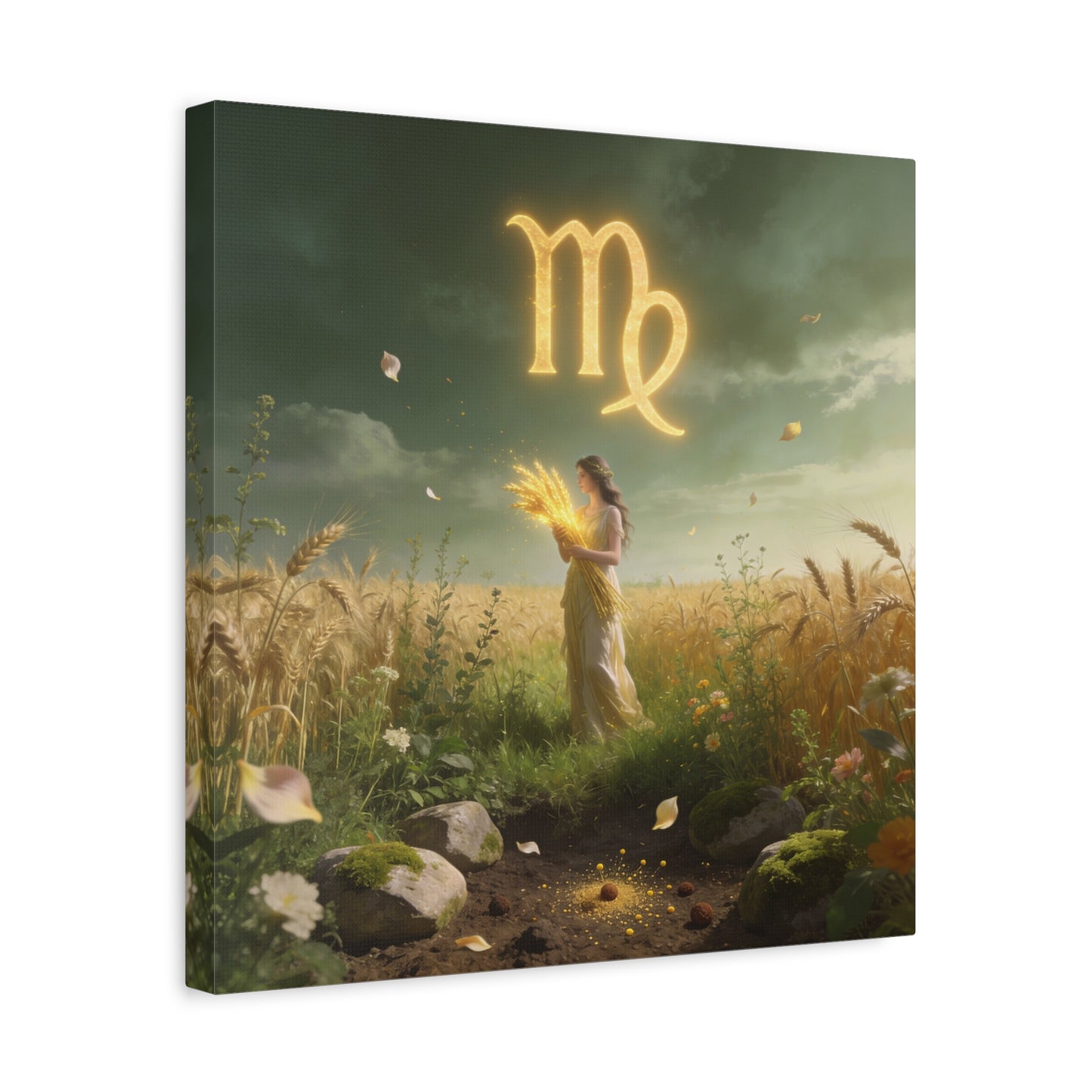 Virgo Zodiac Canvas Wall Art - Glowing Virgo Symbol, Woman In Wheat Field - Mystical Celestial Illustration, Matte Canvas Print - Bedroom Wall Decor, Meditation Space Accent - Bedroom Home Decoration
