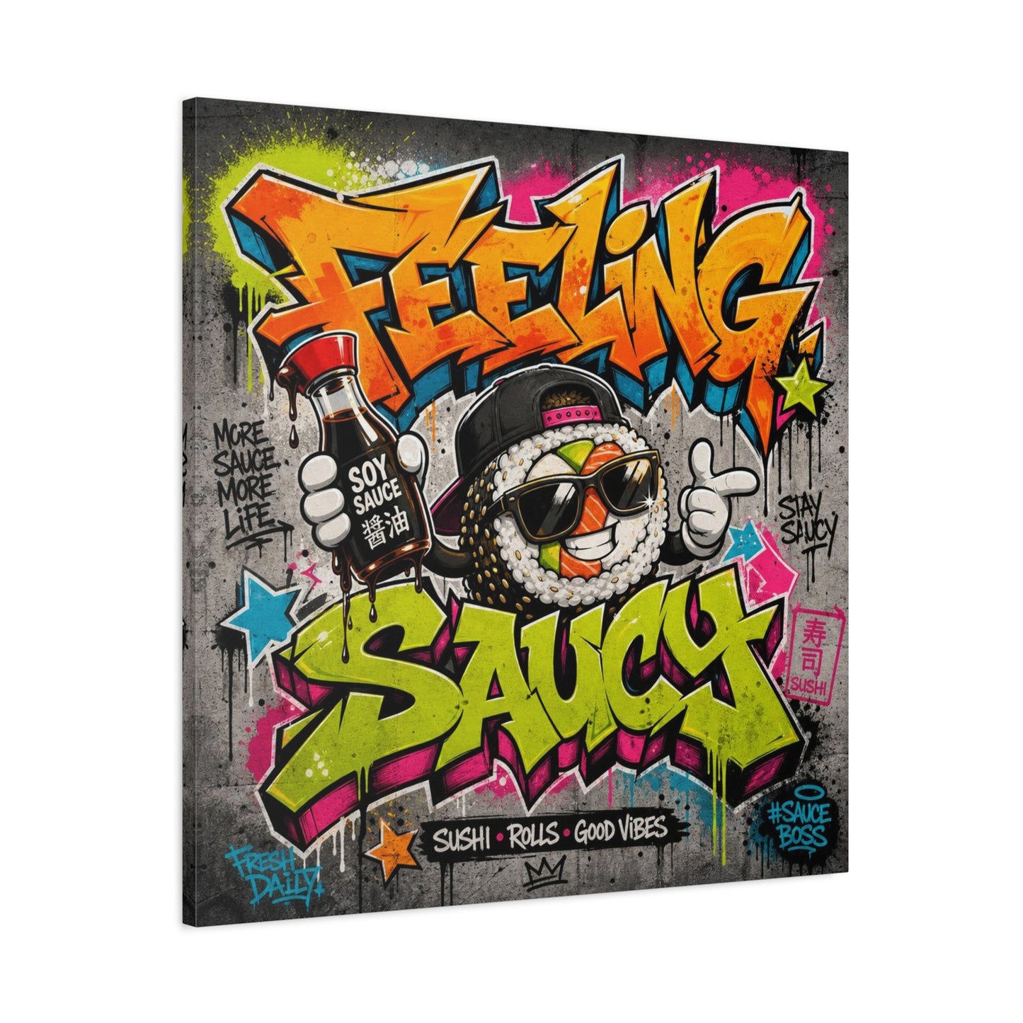 "Feeling Sauce" Graffiti Canvas Wall Art - Sushi Roll Street Illustration, Urban Pop Typography, Matte Cotton Print, Contemporary Decor for Kitchen Nook, Dining Space, Cafe Interior Accent