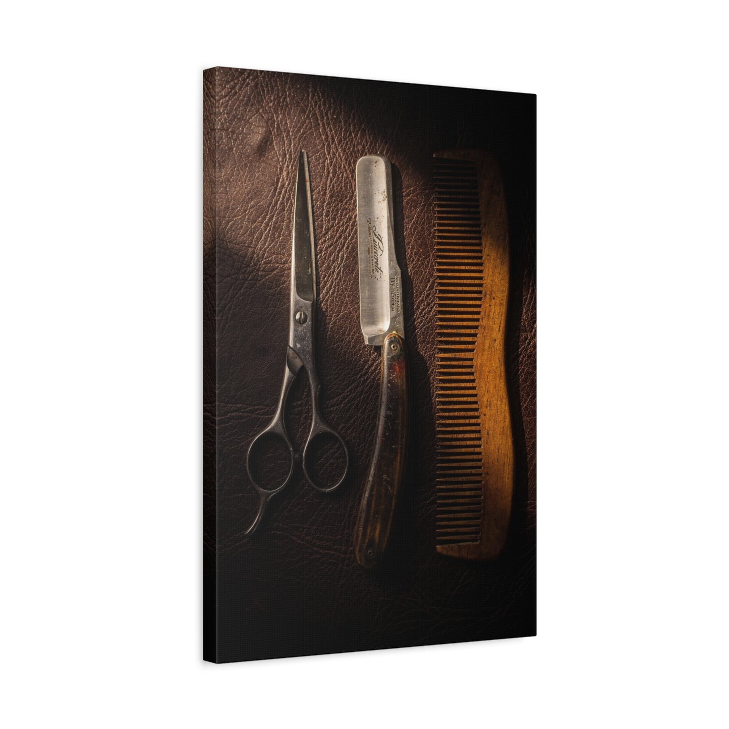 Vintage Barber Tools Canvas Wall Art - Scissors, Straight Razor, Wooden Comb Still Life - Rustic Art Print - Traditional Barbershop Decor, Salon Wall Accent, Home Office Display