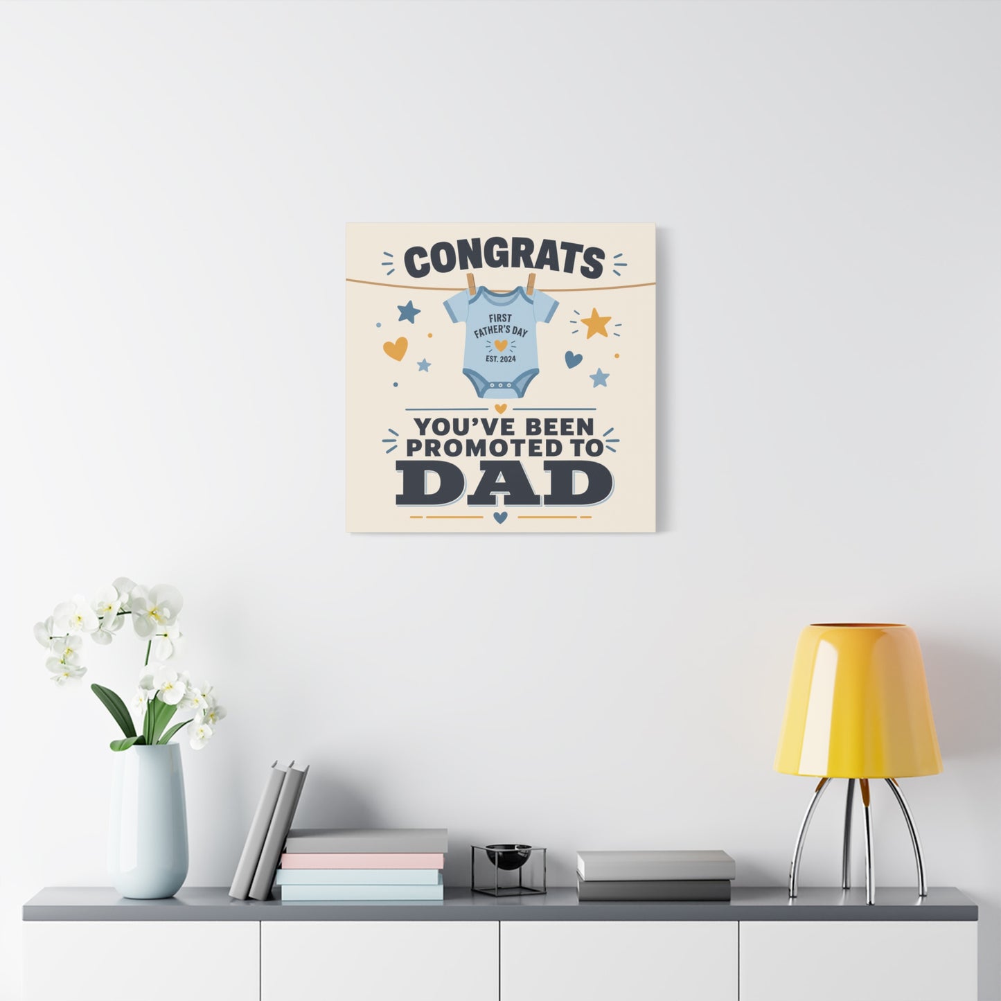 "Congrats You've Been Promoted To Dad" Canvas Wall Art - Baby Onesie Quote Print, Blue And Gold Typography Decor - Nursery Bedroom Wall Hanging - Bedroom Home Decoration - Modern Farmhouse Style