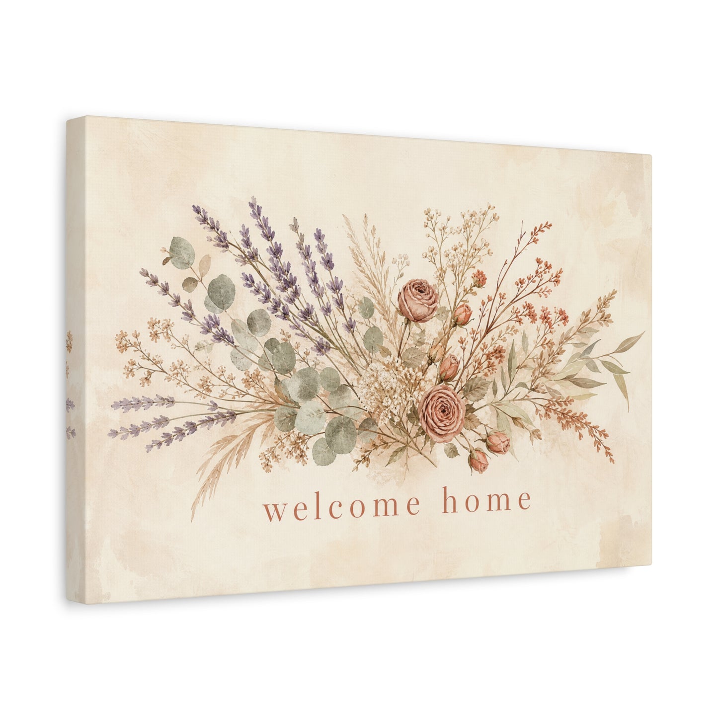 "Welcome Home" Floral Canvas Wall Art - Rustic Botanical Bouquet, Lavender Rose Eucalyptus Print - Farmhouse Wall Decor, Entryway Home Decoration - Ready to Hang - Modern Farmhouse Style
