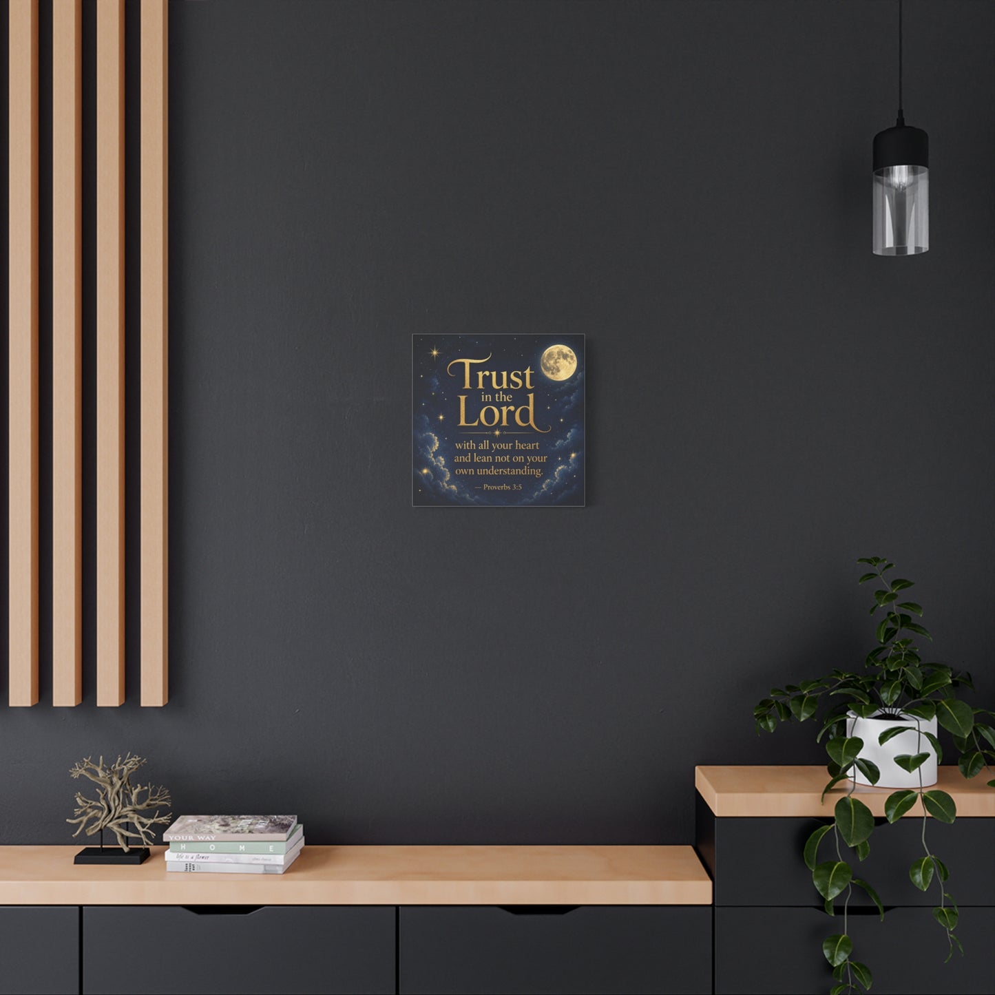 "Trust In The Lord" Bible Verse Canvas Wall Art - Moonlit Scripture Quote, Gold Typography, Christian Wall Decor - Traditional Night Sky Design - Bedroom Living Room Decoration - Ready to Hang