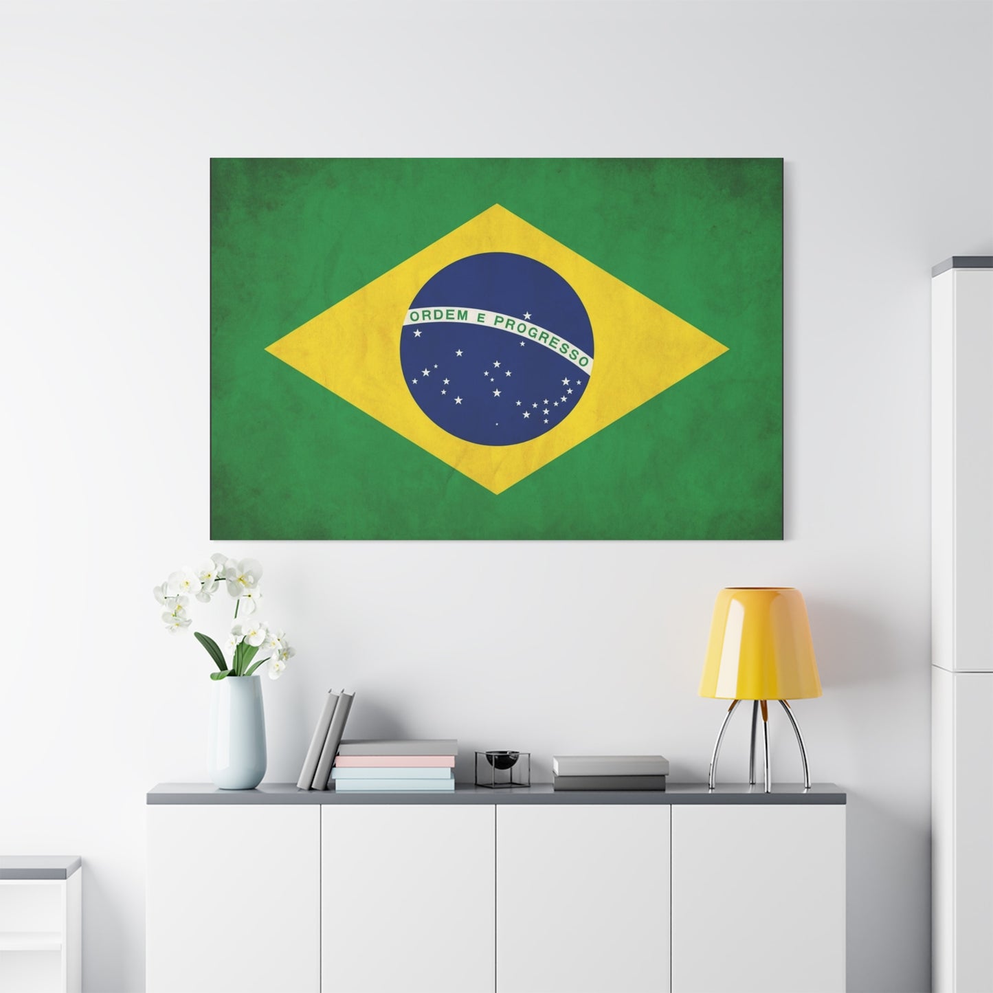 "Ordem E Progresso" Brazil Flag Canvas Wall Art - Brazilian Flag Wall Decor, Vintage National Pride Print - Green Yellow Blue Typography Style - Living Room Bedroom Office Decoration - Ready to Hang