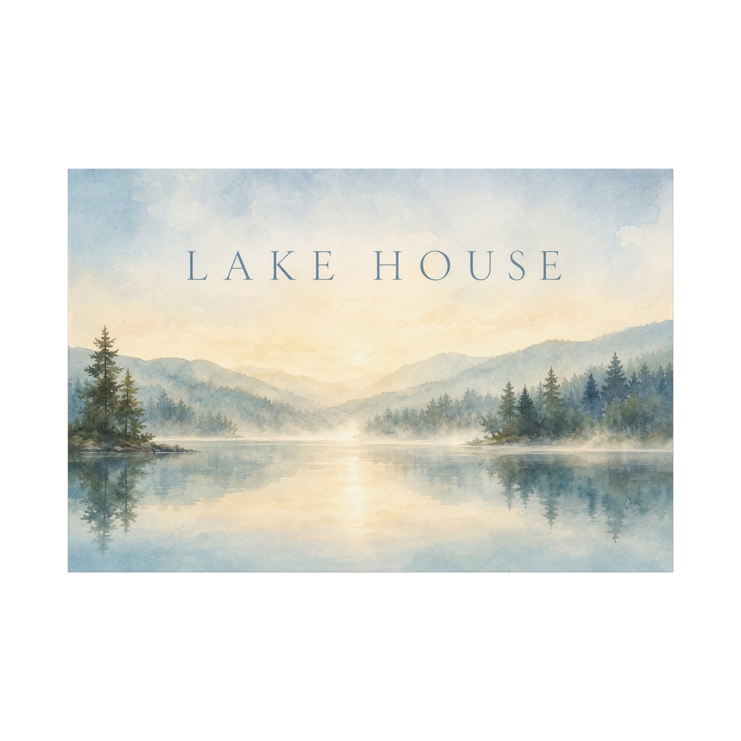 "Lake House" Canvas Wall Art - Misty Mountain Watercolor Landscape Print, Serene Cabin Decor, Rustic Retreat Wall Hanging, Bedroom Home Decoration, Entryway Accent, Vacation Rental Style