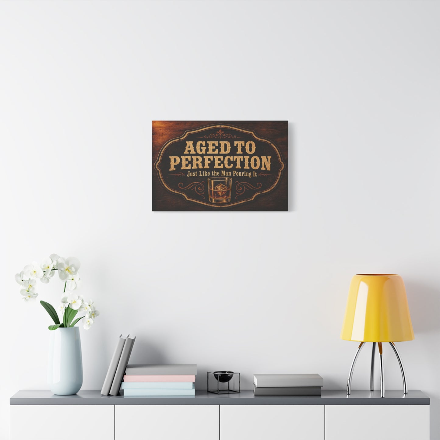 "Aged To Perfection Just Like The Man Pouring It" Whiskey Canvas Wall Art - Vintage Bar Quote Decor, Old Fashioned Glass Illustration - Office Wall Art - Ready to Hang - Cocktail Lounge Decor
