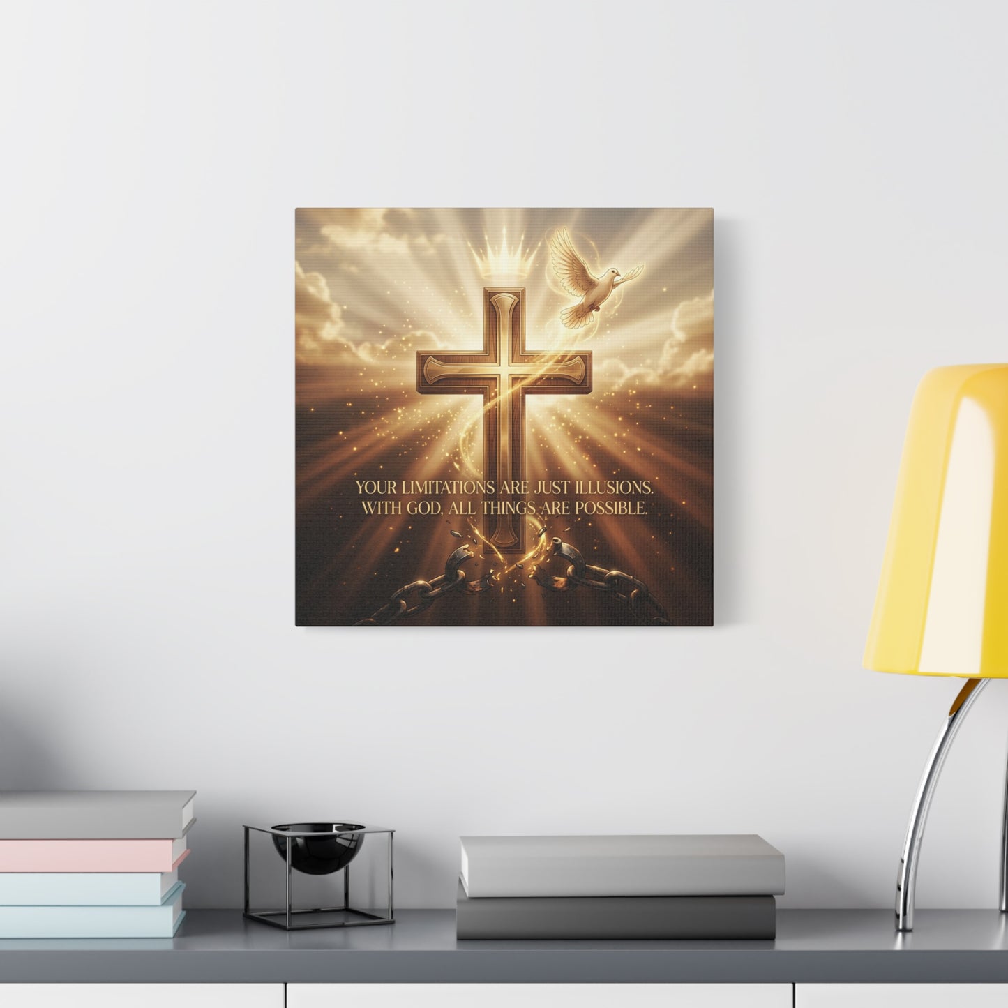 "Your Limitations Are Just Illusions. With God, All Things Are Possible." Christian Canvas Wall Art - Glowing Cross, White Dove, Crown, Broken Chains - Gold Religious Wall Decor For Living Room