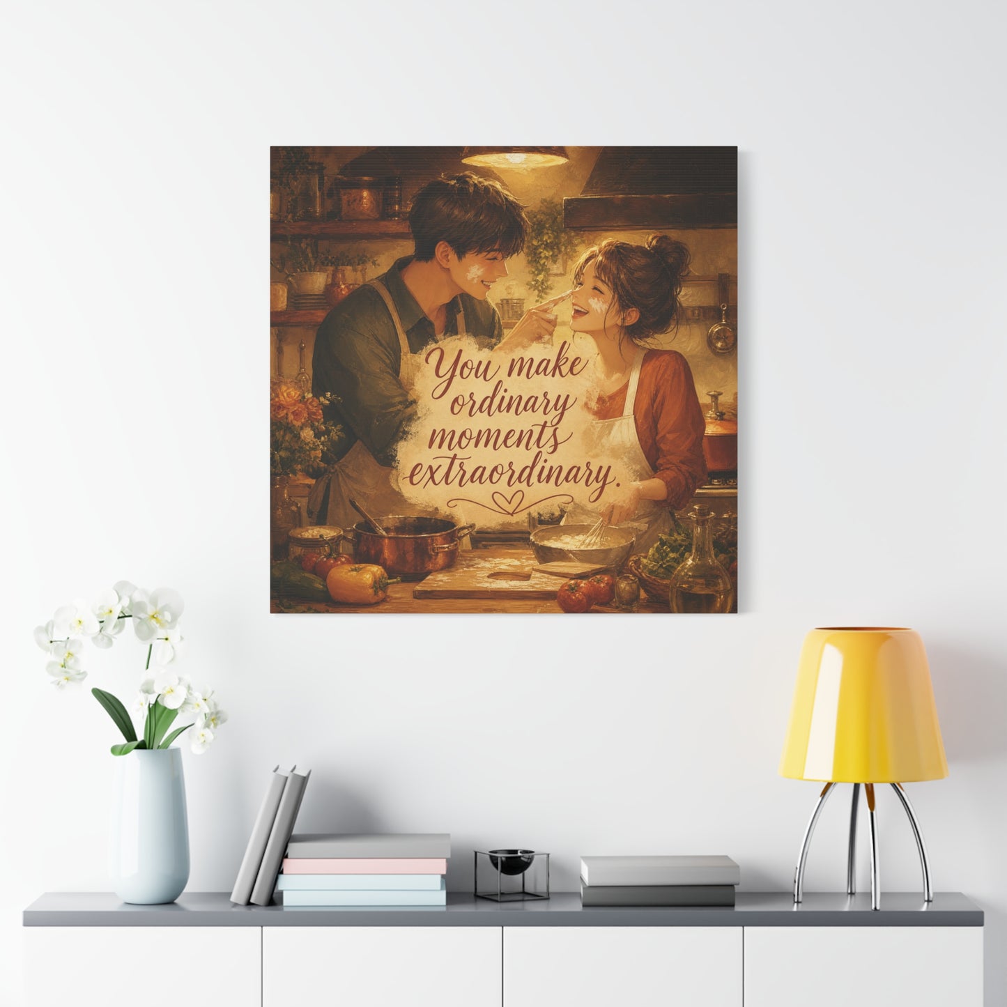 "You Make Ordinary Moments Extraordinary" Couple Canvas Wall Art - Romantic Kitchen Scene, Warm Vintage Illustration Print - Cozy Living Room Decor, Farmhouse Home Accent - Living Room Wall Decor