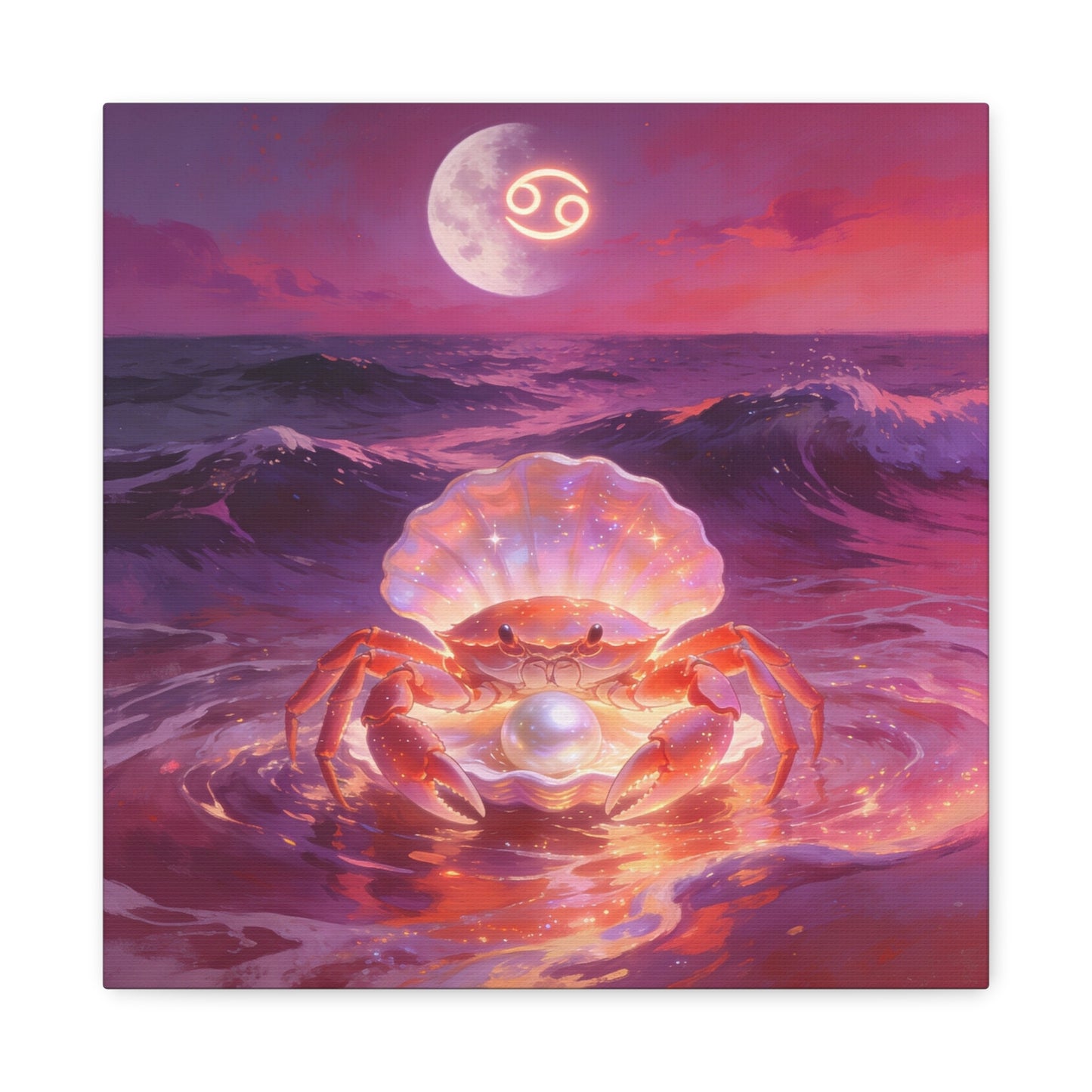 Cancer Zodiac Crab Canvas Wall Art - Moonlit Ocean Pearl Illustration, Pink Purple Seascape - Surreal Coastal Style - Living Room Wall Decor, Bedroom Home Decoration - Bedroom Home Decoration