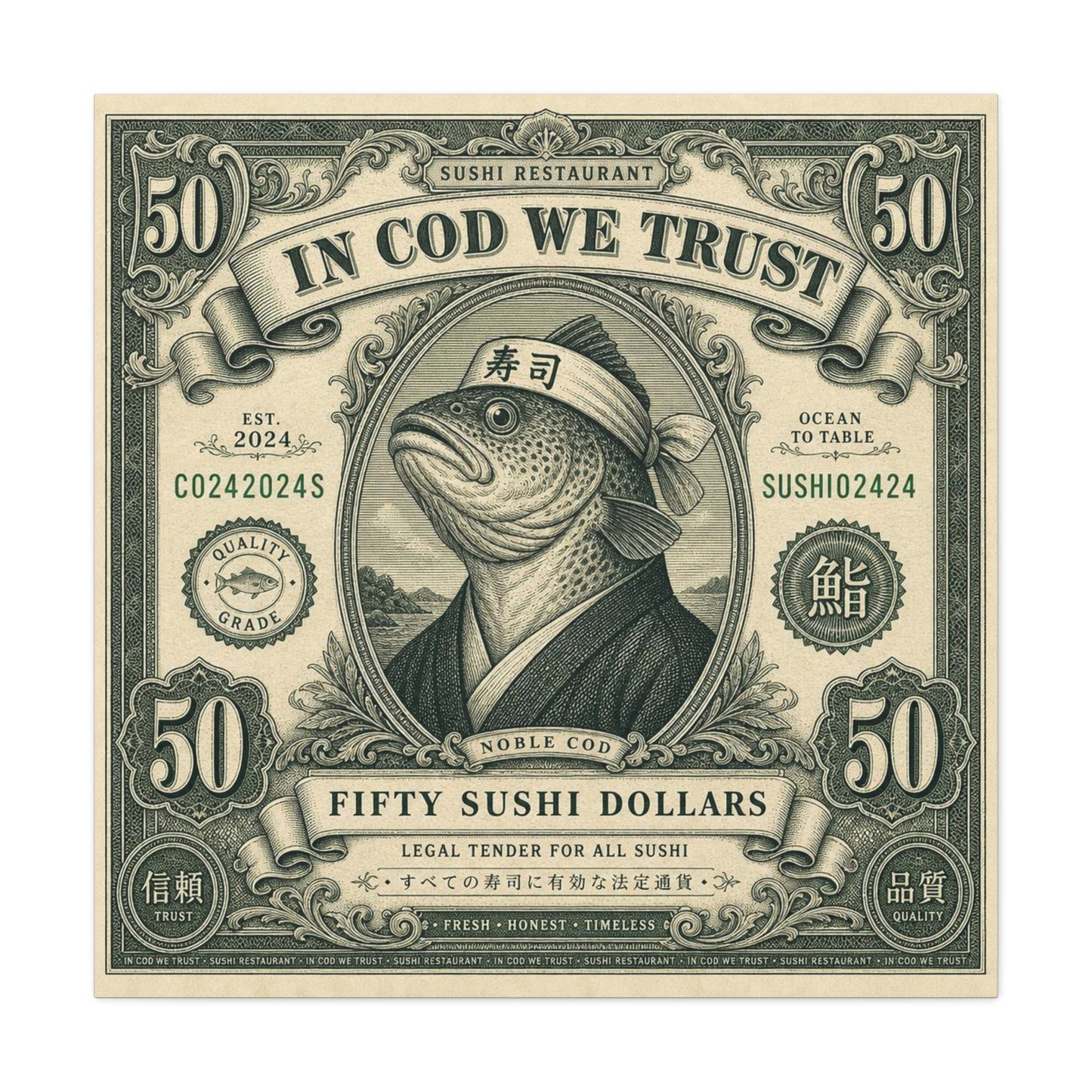 "In Cod We Trust" Sushi Restaurant Canvas Wall Art - Vintage Money Bill Fish Illustration, Typography Poster Style, Cotton Canvas Print, Cafe Decor, Dining Room Accent, Office Art - Ready to Hang