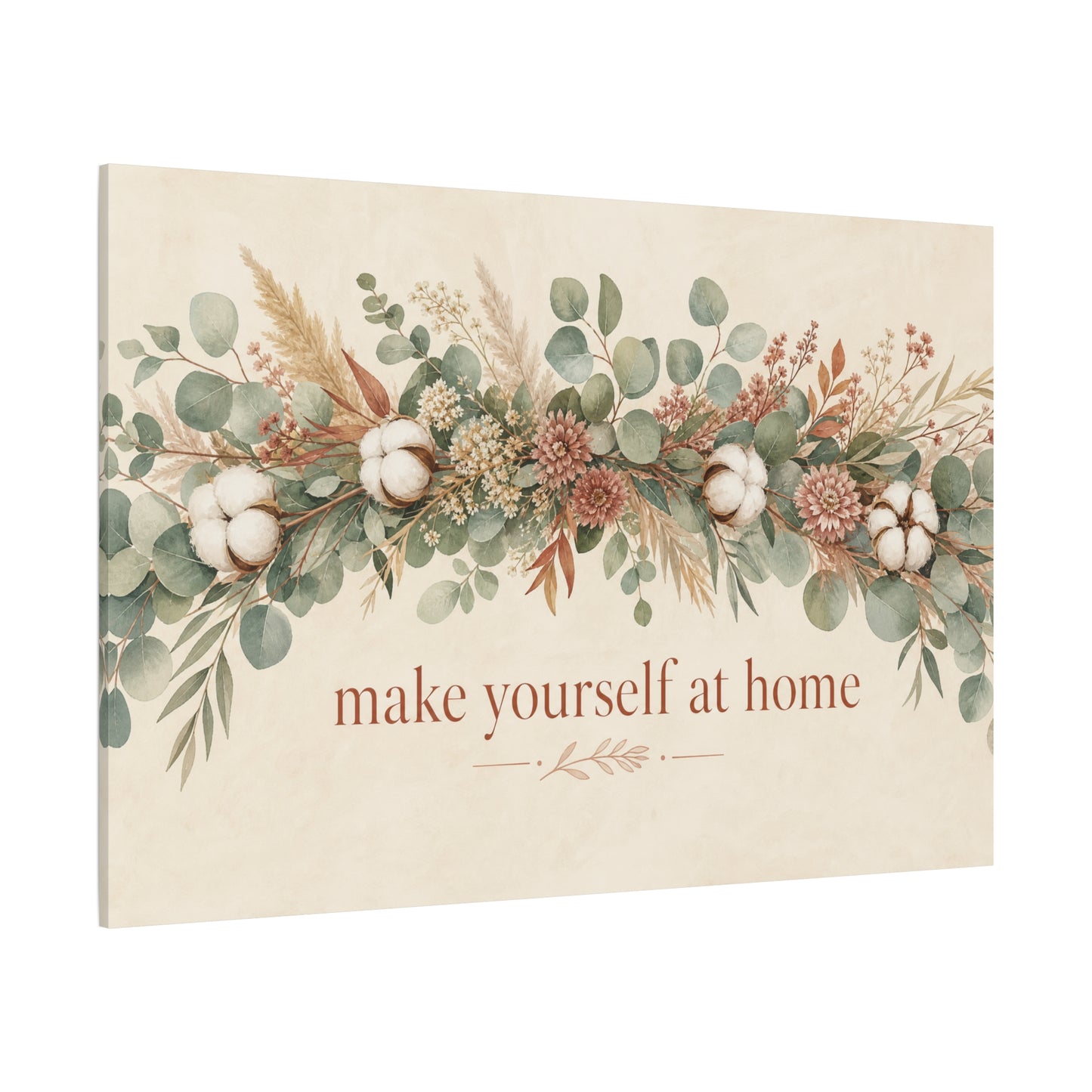 "Make Yourself At Home" Botanical Canvas Wall Art - Eucalyptus Cotton Stem Floral Quote Print - Rustic Farmhouse Style - Living Room Wall Decor - Modern Farmhouse Style - Bedroom Home Decoration