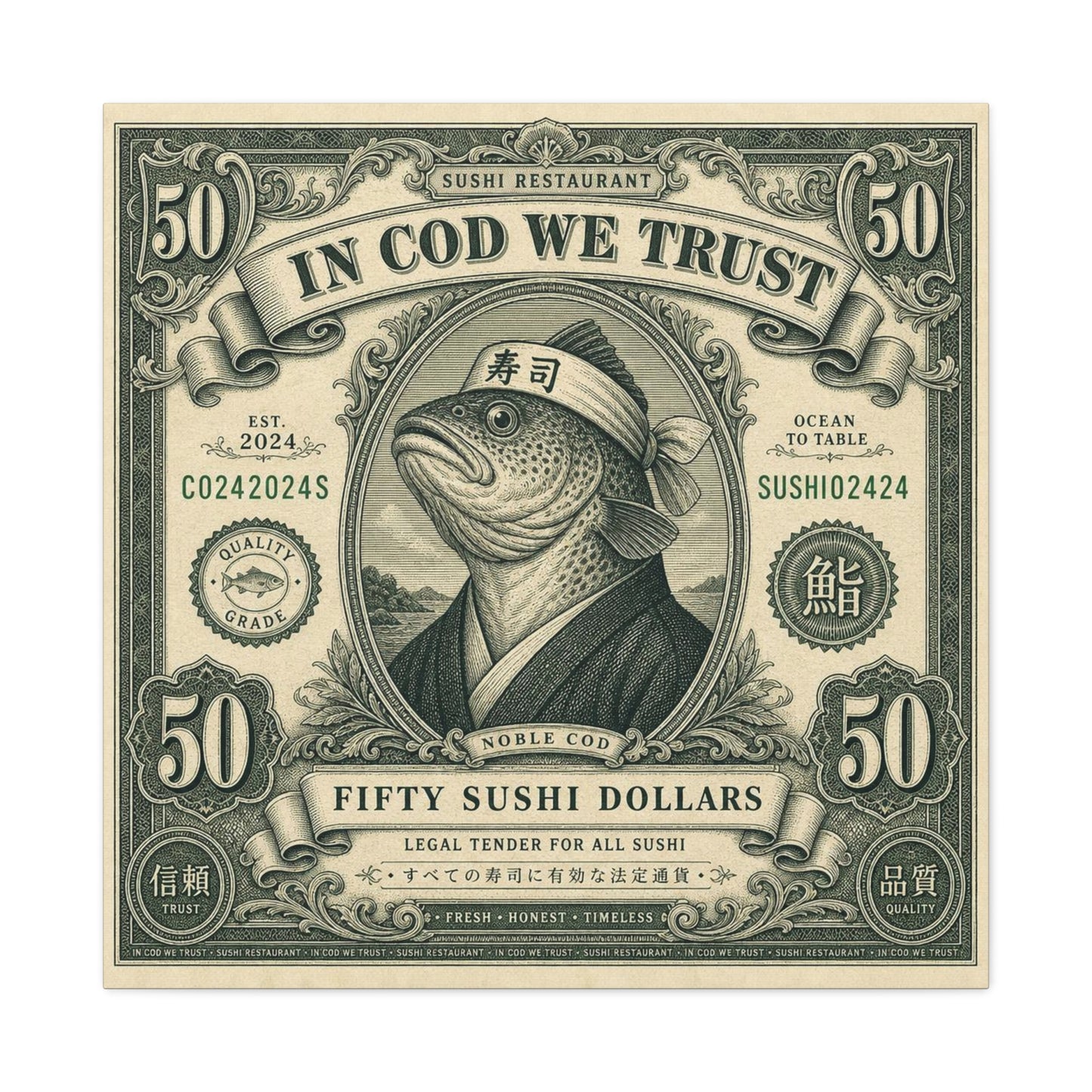 "In Cod We Trust" Sushi Restaurant Canvas Wall Art - Vintage Money Bill Fish Illustration, Typography Poster Style, Cotton Canvas Print, Cafe Decor, Dining Room Accent, Office Art - Ready to Hang