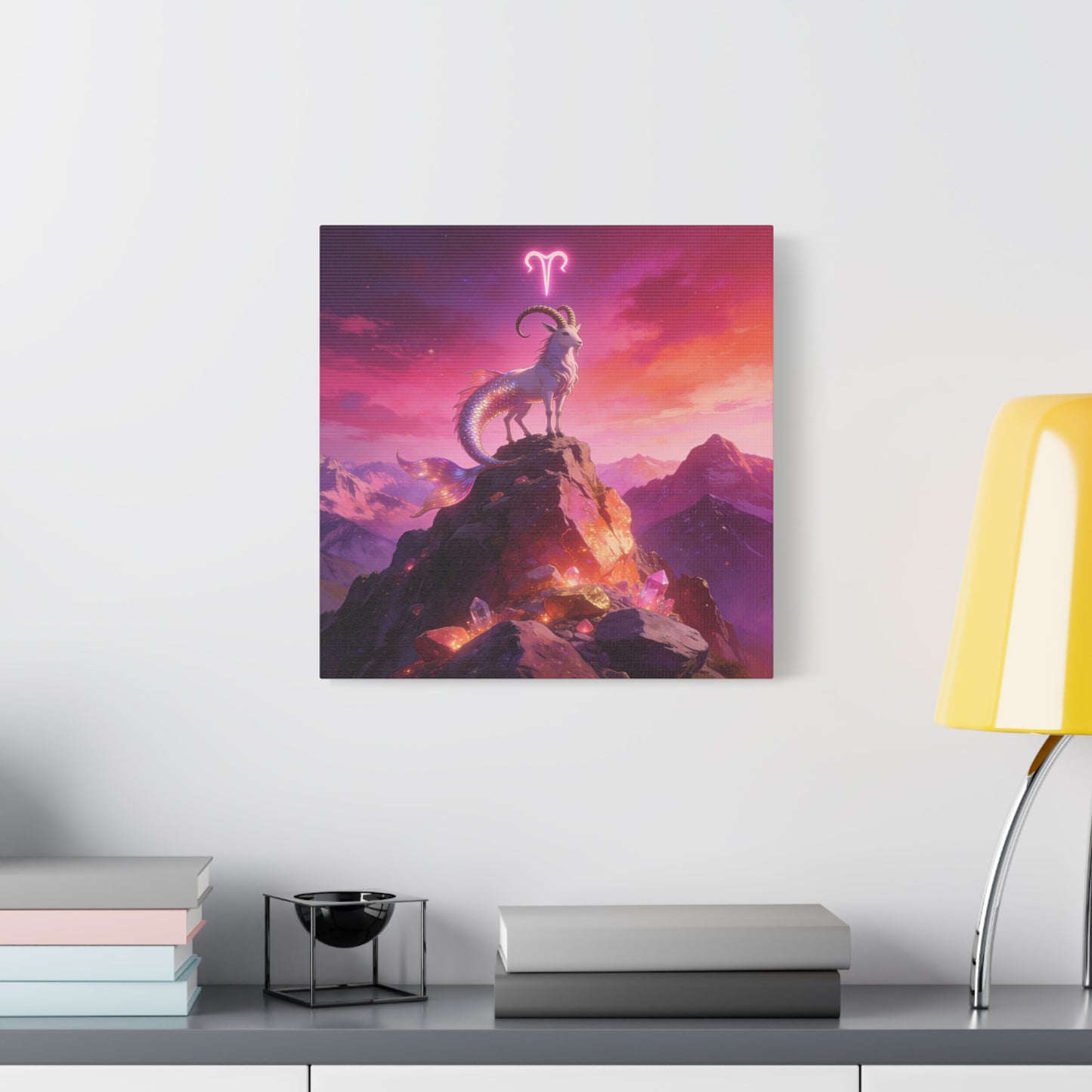 Aries Zodiac Mermaid Goat Canvas Wall Art - Fantasy Mountain Crystal Scene - Pink Purple Celestial Illustration - Modern Mystical Decor, Bedroom Home Decoration, Office Wall Art - Ready to Hang