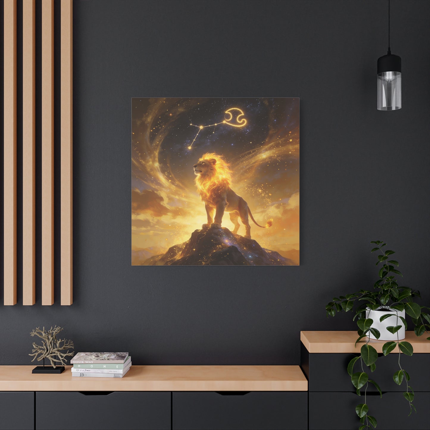 Leo Zodiac Lion Canvas Wall Art - Celestial Astrology Constellation Print, Glowing Gold Cosmic Sky - Fantasy Style, Living Room Wall Decor Bedroom Home Decoration Office Art - Bedroom Home Decoration