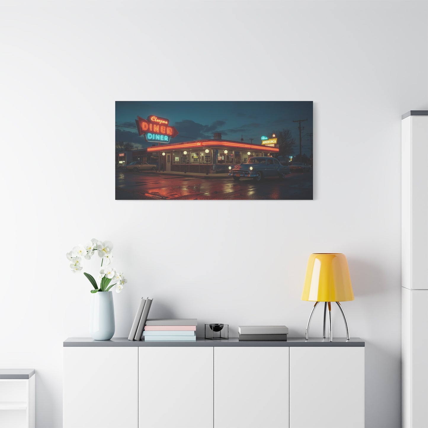 Neon Diner Canvas Wall Art - Retro American Diner Night Scene, Vintage Car Art Print - Moody Blue Glow, Contemporary Style - Living Room Wall Decor, Office Art - Bedroom Home Decoration