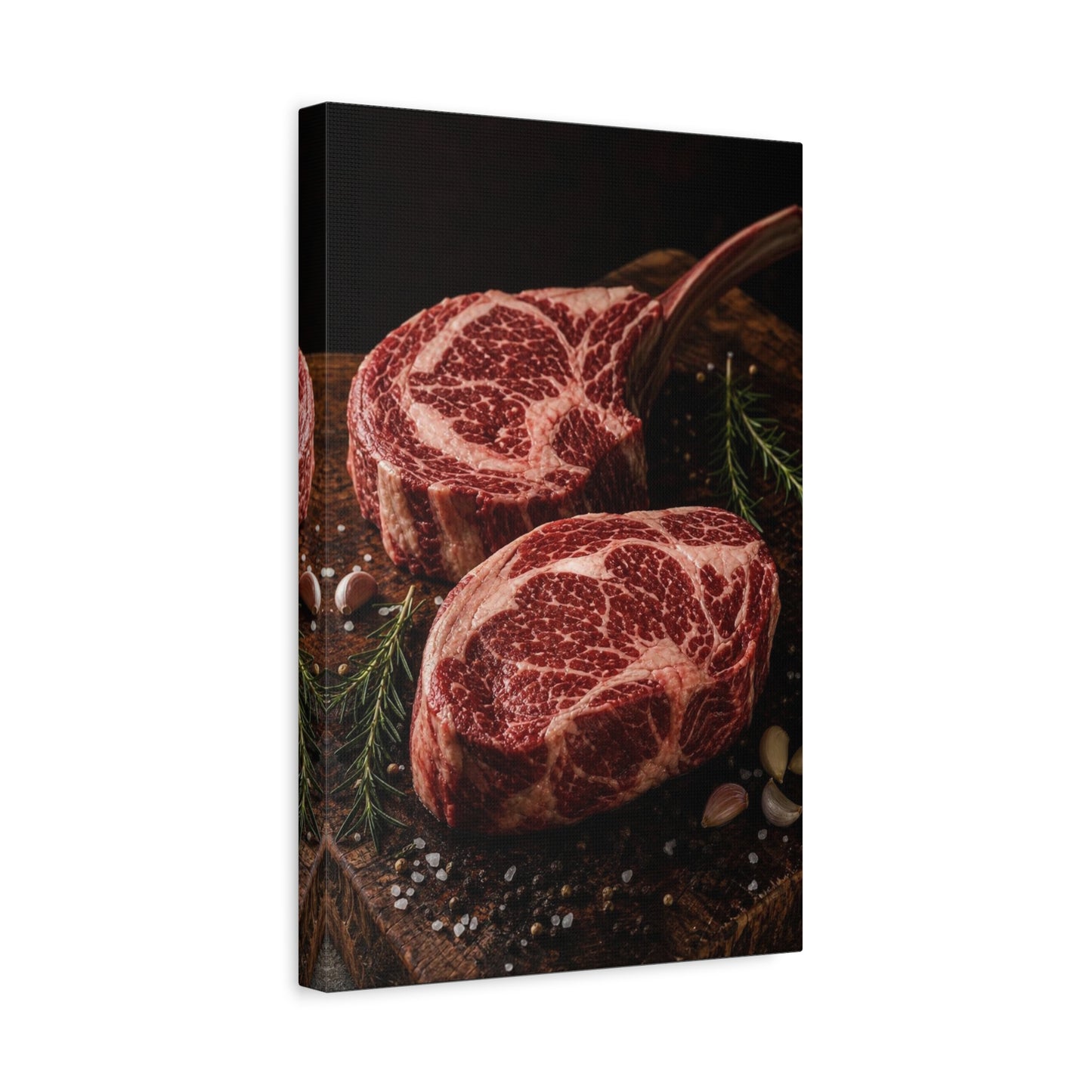 Raw Ribeye Steak Canvas Wall Art - Rustic Food Art Print, Butcherhouse Kitchen Decor, Cotton Art Print, Moody Culinary Still Life - Dining Room Accent, Restaurant Wall Decor - Modern Farmhouse Style