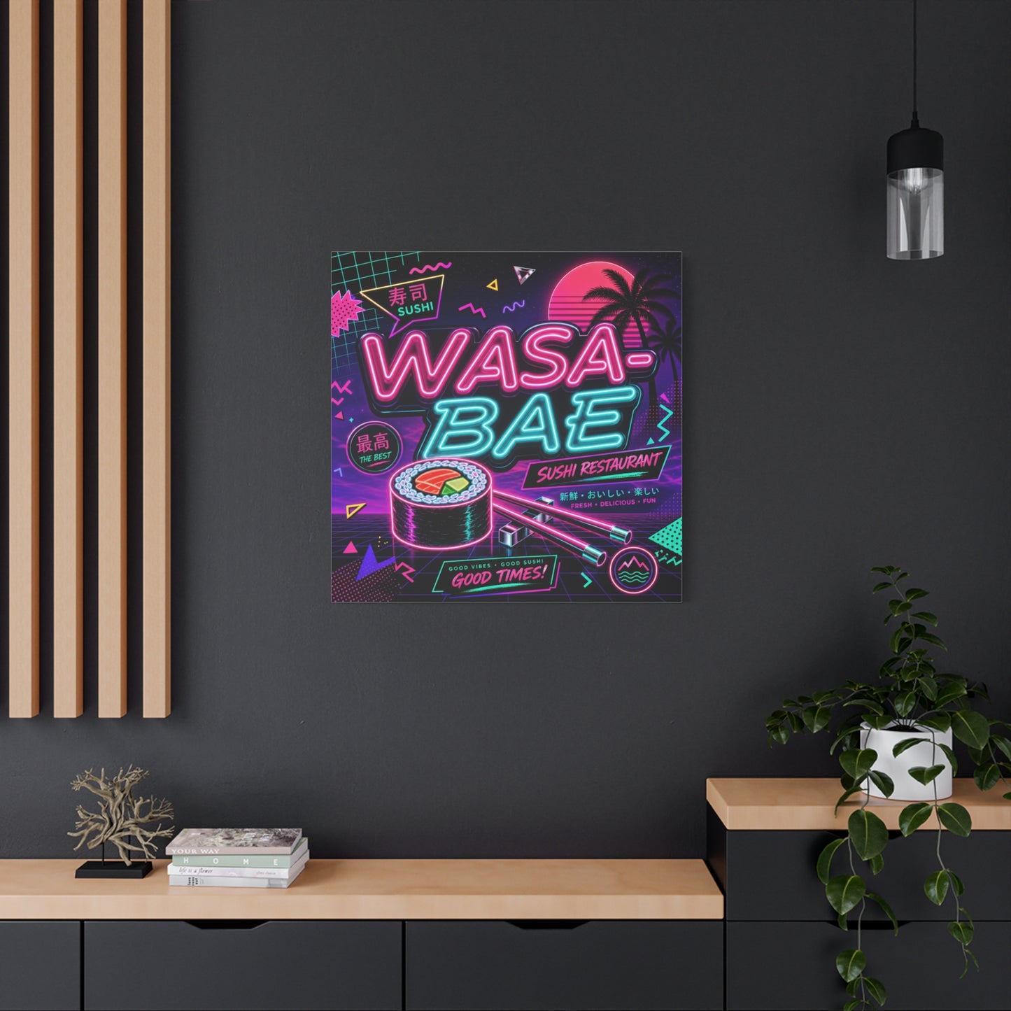 "WASA-BAE" Sushi Canvas Print - Neon Japanese Restaurant Sign, Retro Vaporwave Illustration - Matte Cotton Decor, Cafe Wall Accent, Dining Space Artwork, Lounge Interior Style - Office Wall Art