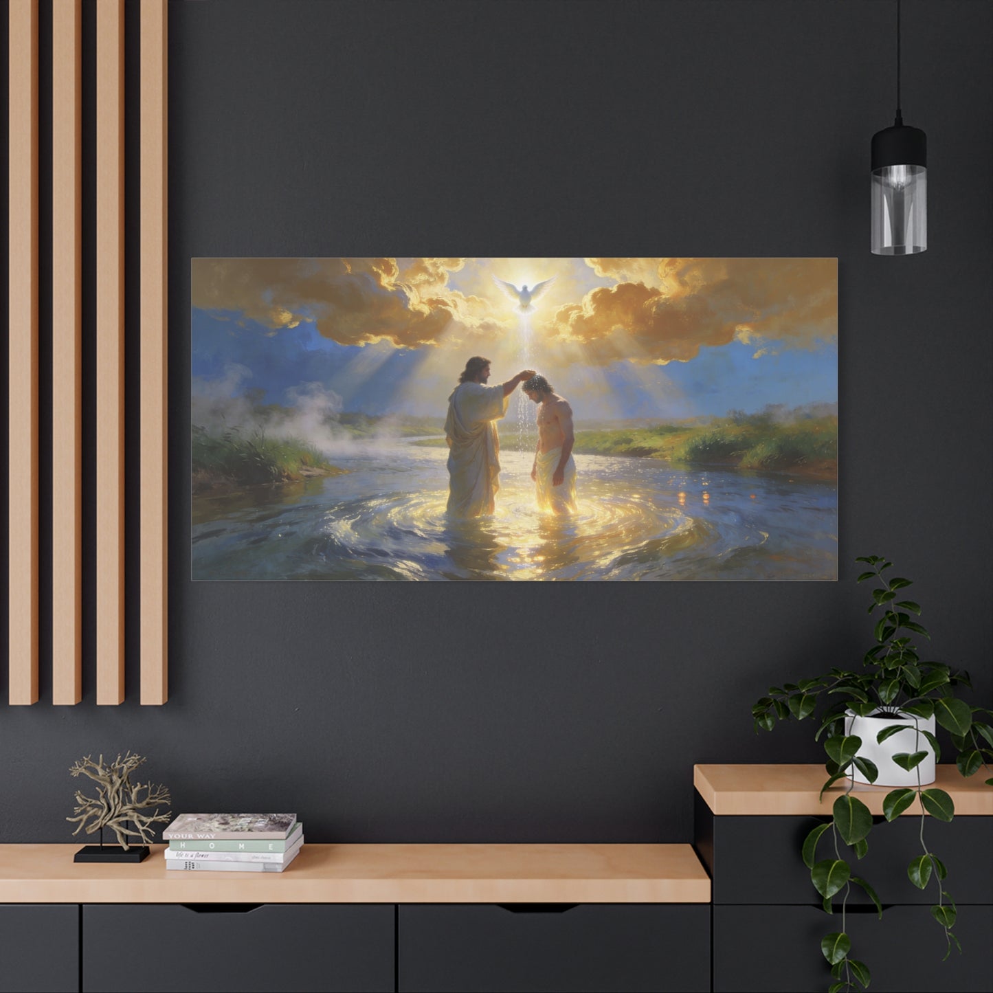 Baptism Of Jesus Christ Canvas Wall Art - Dove, Golden Light, River Scene - Religious Christian Wall Decor, Traditional Matte Canvas Print, Living Room Bedroom Home Decoration - Modern Farmhouse Style