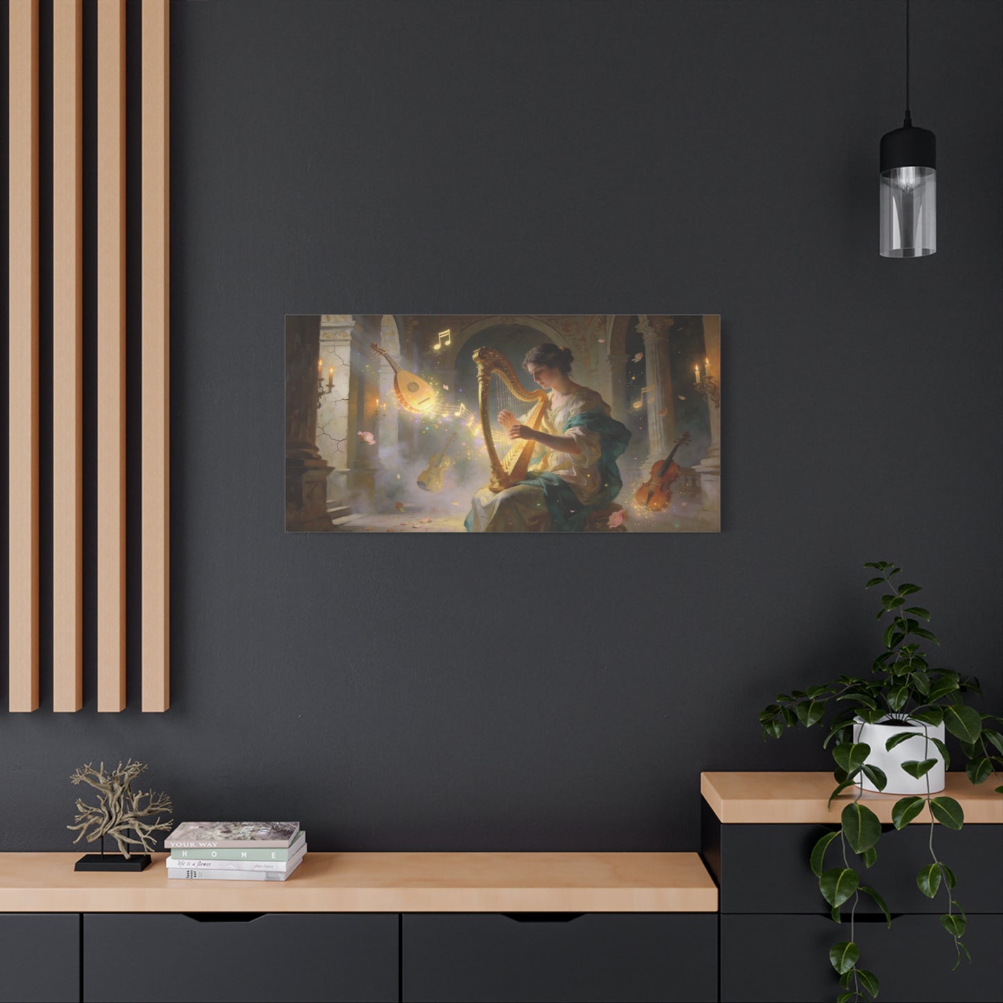 Woman Playing Harp Canvas Wall Art - Romantic Music Painting, Glowing Notes, Violin And Lute - Matte Cotton Print - Traditional Style, Living Room Wall Decor, Bedroom Accent - Bedroom Home Decoration