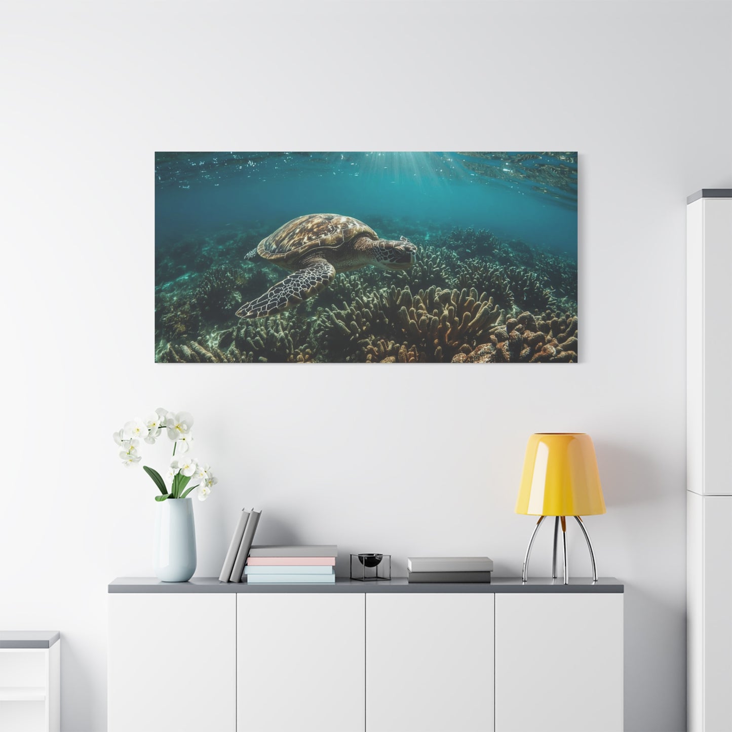 Sea Turtle Canvas Wall Art - Underwater Ocean Reef Art Print, Sunlit Blue Seascape, Coastal Wall Decor, Matte Finish Canvas Print, Living Room Decoration, Bedroom Home Accent - Ready to Hang