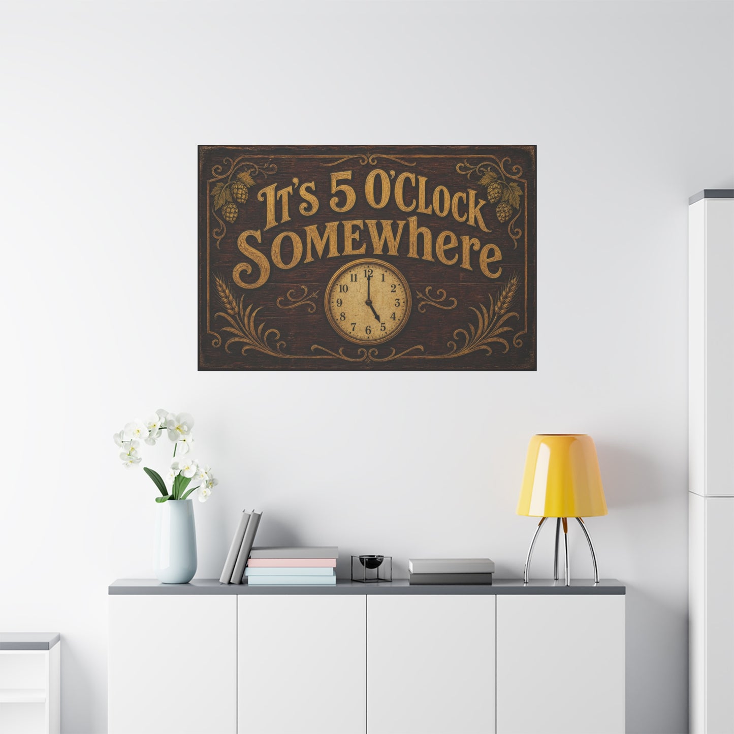 "It's 5 O'Clock Somewhere" Canvas Wall Art - Rustic Bar Sign, Vintage Clock Typography - Farmhouse Pub Decor, Brown Gold - Pub Wall Art - Cocktail Lounge Decor - Speakeasy Style Sign - Ready to Hang