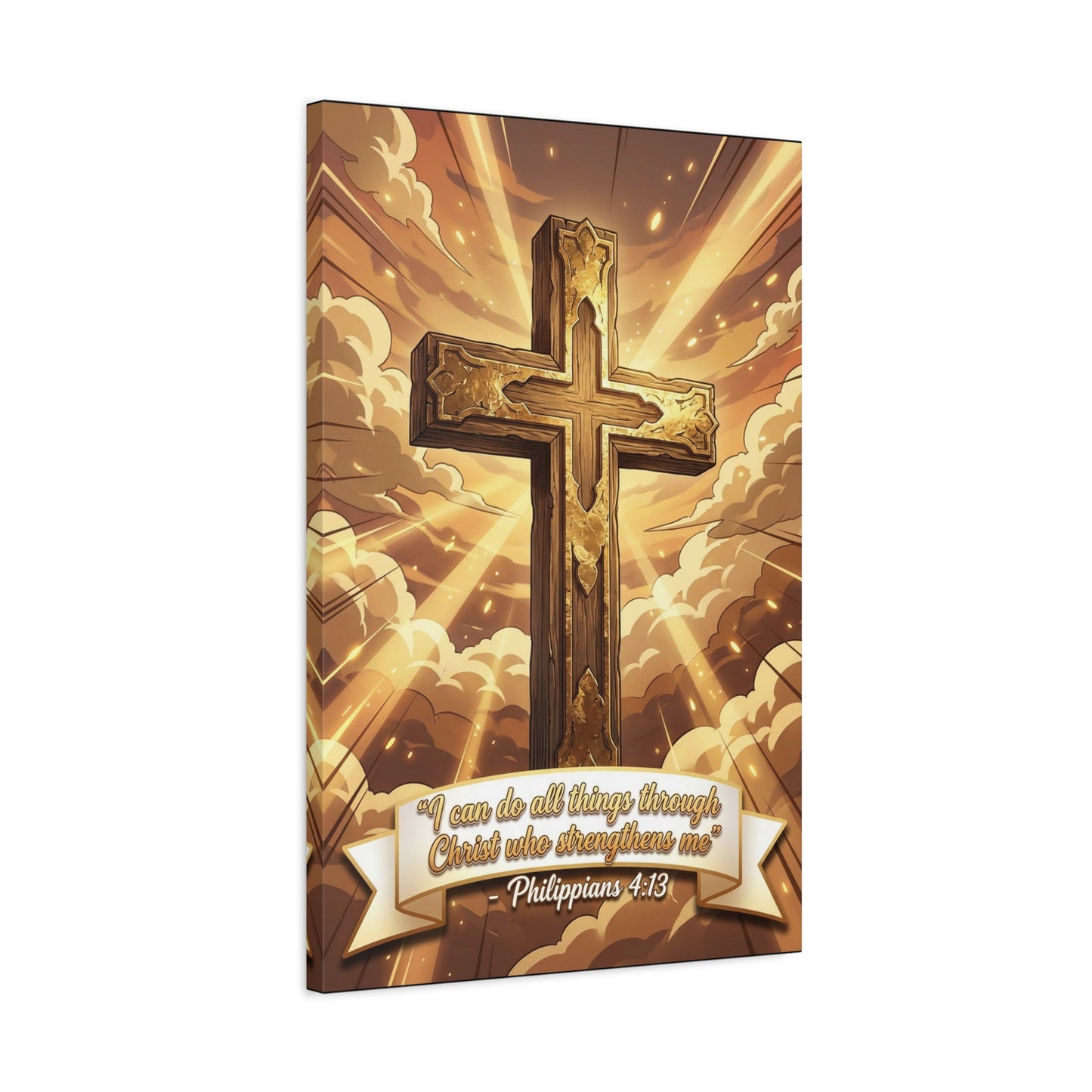 "I Can Do All Things Through Christ Who Strengthens Me" Cross Canvas Wall Art - Philippians 4:13 Scripture Decor, Golden Sky Christian Home Accent, Traditional Bedroom Living Room Decoration